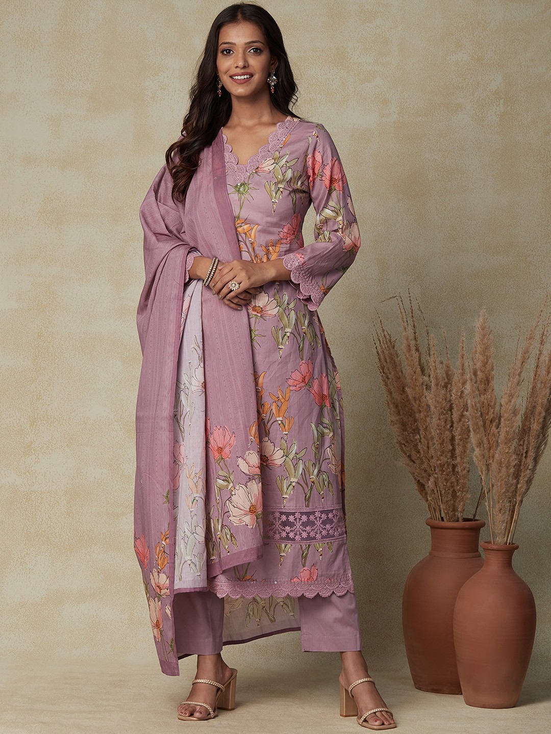 

FASHOR Floral Printed Sequinned Pure Cotton Kurta With Trousers & Dupatta, Purple