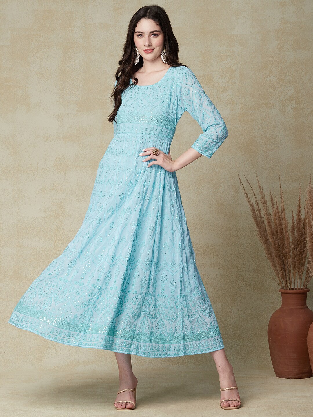 

FASHOR Turquoise Blue Floral Embroidered Sequined Georgette Fit & Flare Midi Ethnic Dress