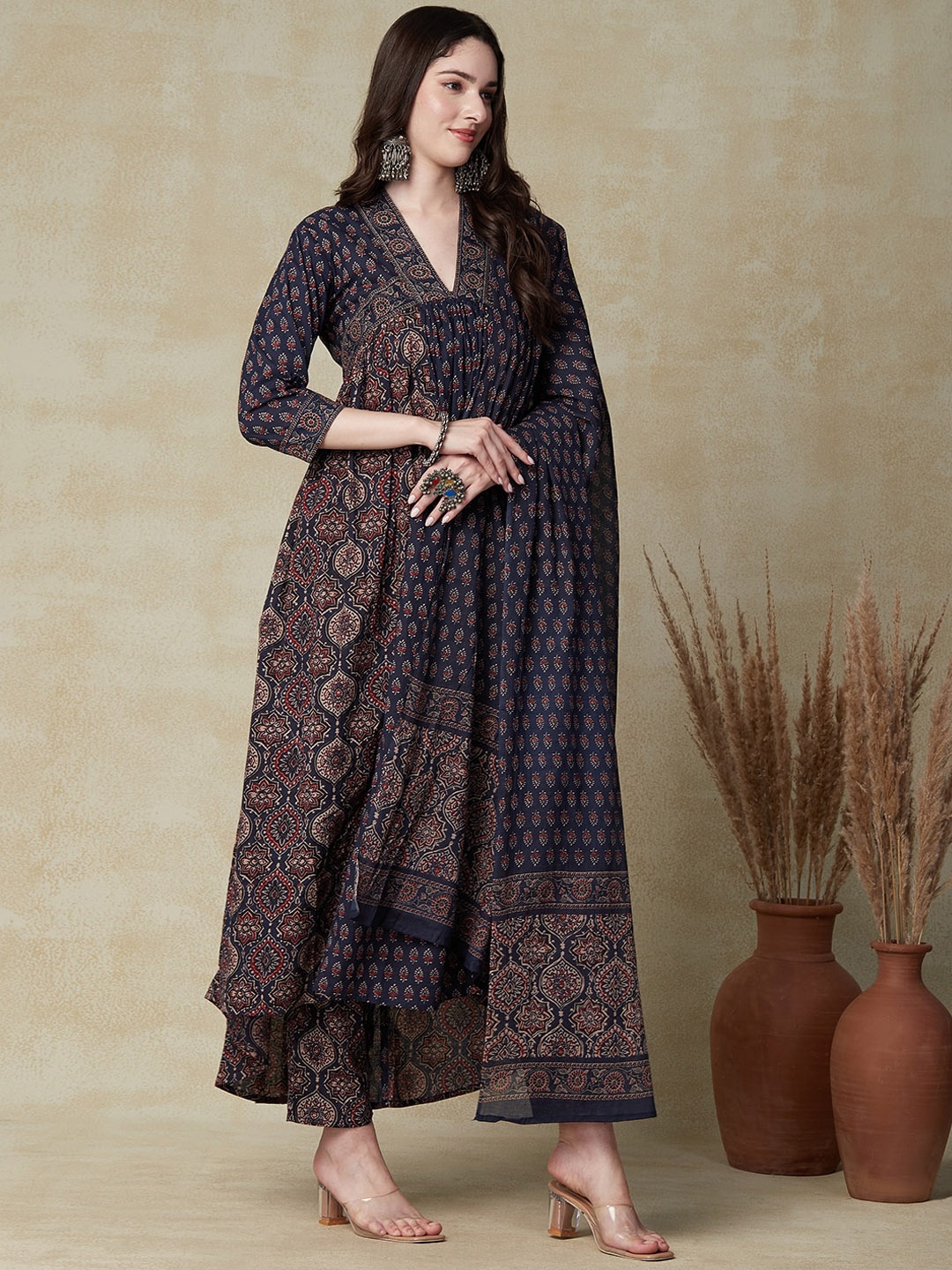 

FASHOR Navy Blue Ethnic Motifs Printed Pure Cotton Kurta With Trousers & Dupatta