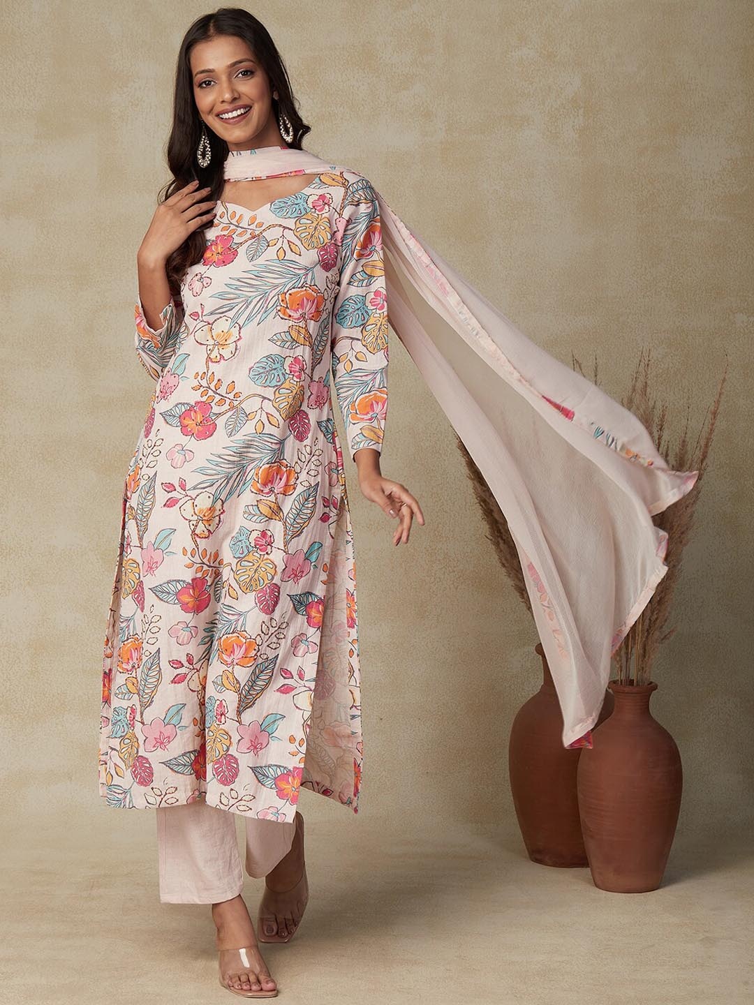 

FASHOR Peach-Coloured Floral Printed Pure Cotton Kurta With Trousers & Dupatta