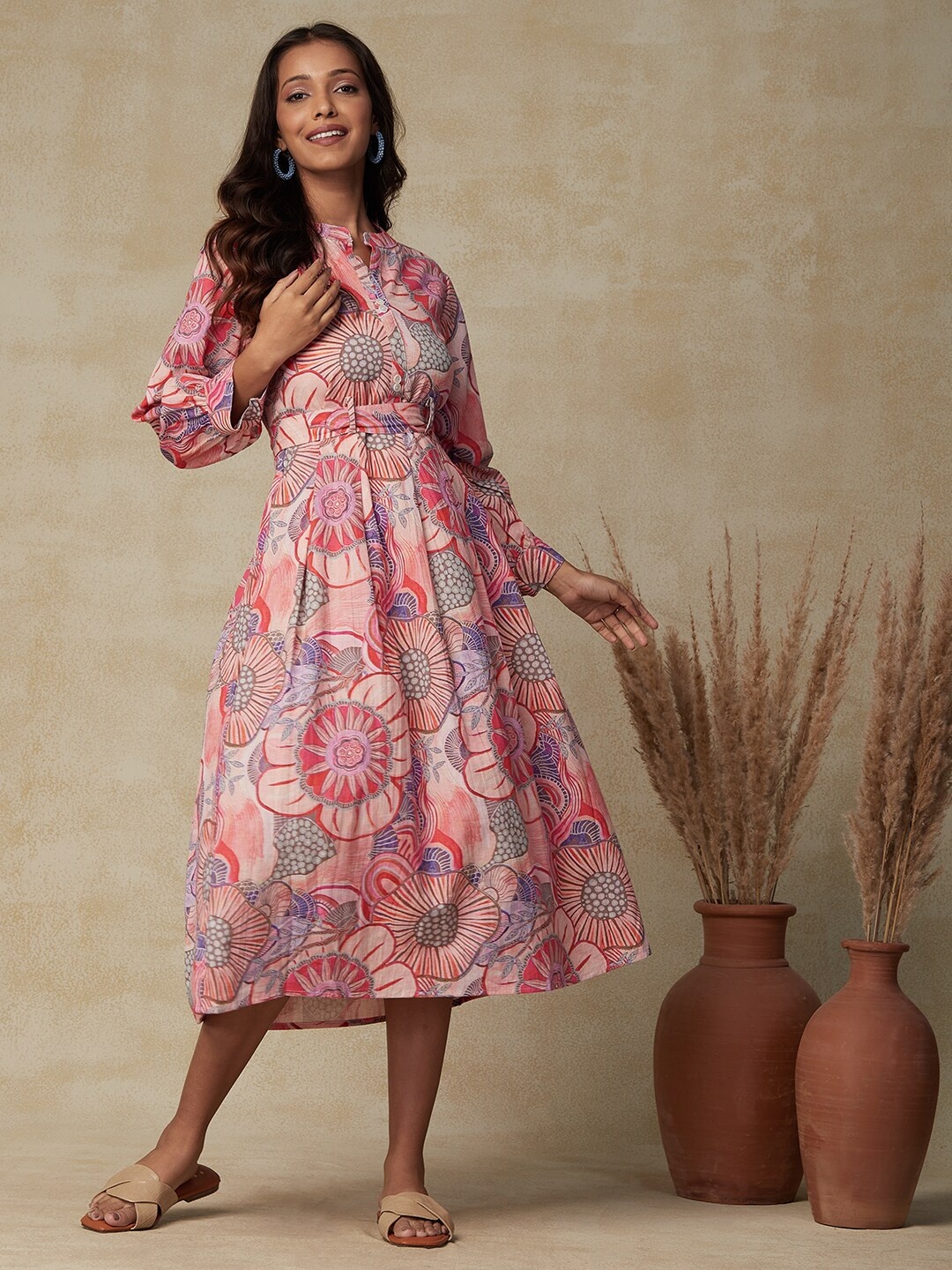 

FASHOR Pink Floral Printed Cuffed Sleeves Cotton A-Line Midi Dress With Belt