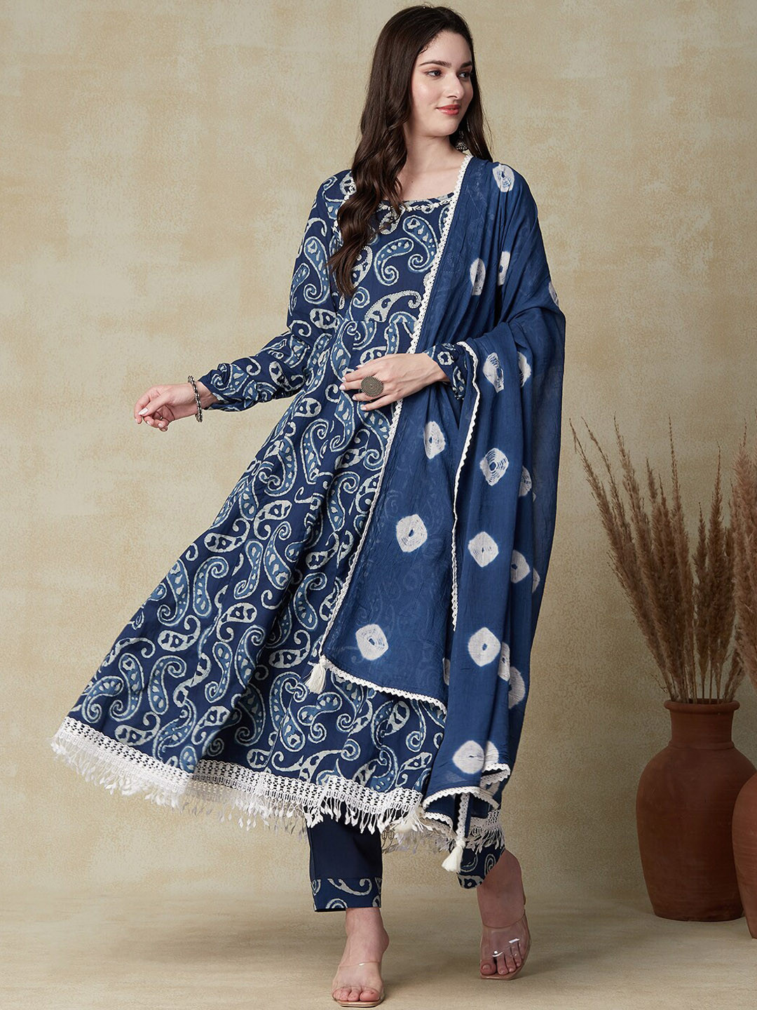 

FASHOR Blue Paisley Batik Printed Pure Cotton Anarkali Kurta with Trousers & Dupatta