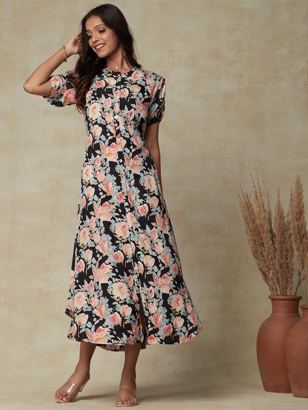 

FASHOR Black Floral Printed Mandarin Collar A-Line Midi Dress