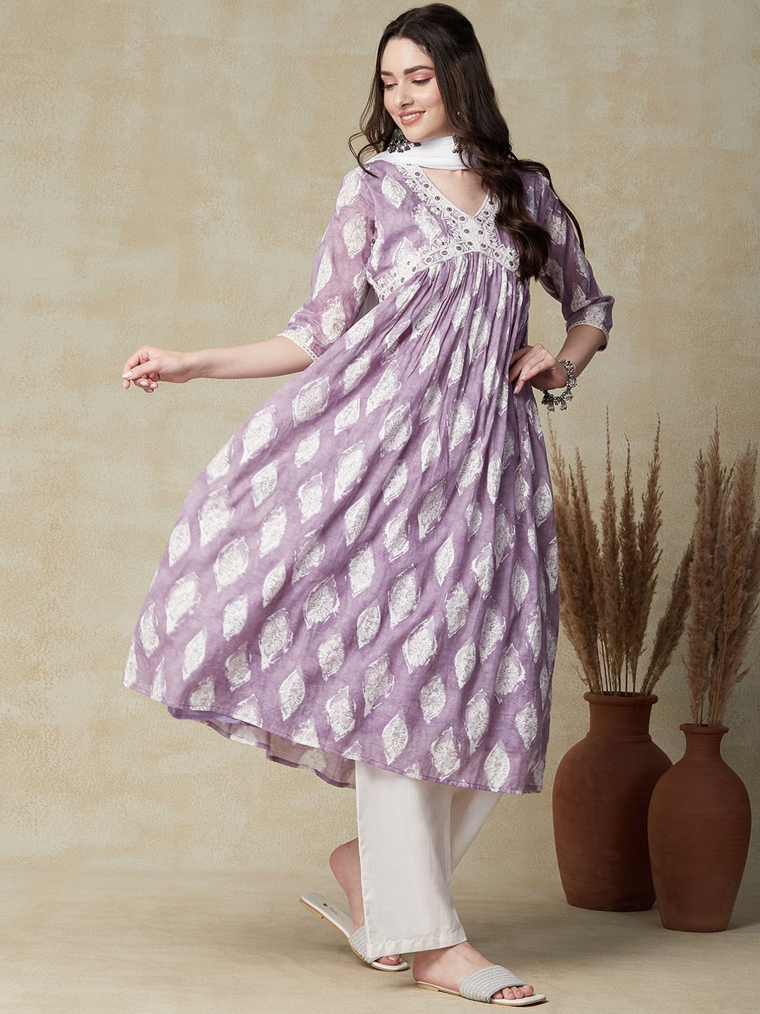 FASHOR Purple Ethnic Motifs Printed Pure Cotton Kurta With Trousers & Dupatta