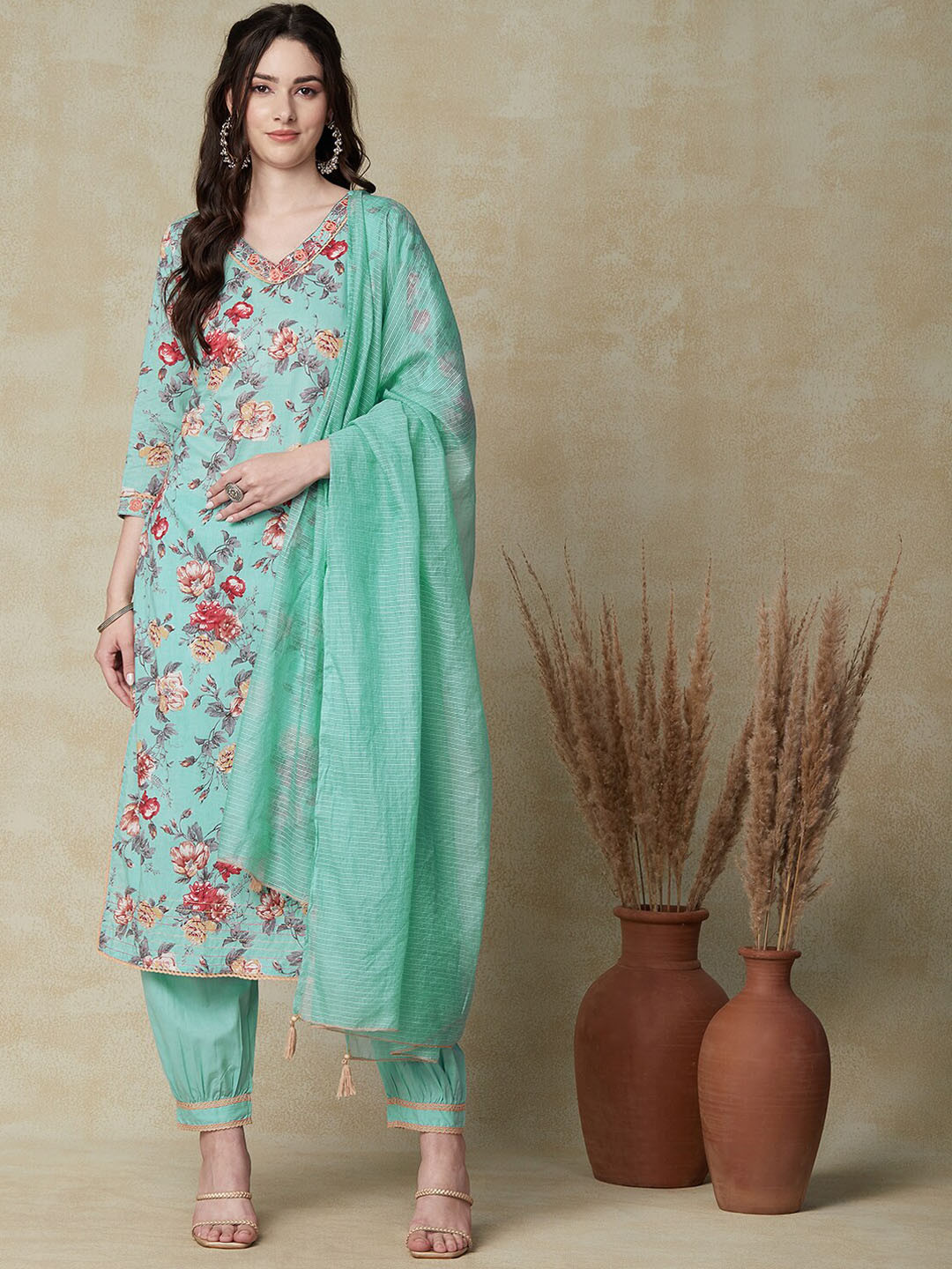 

FASHOR Blue Floral Printed Pure Cotton Kurta With Salwar & Dupatta