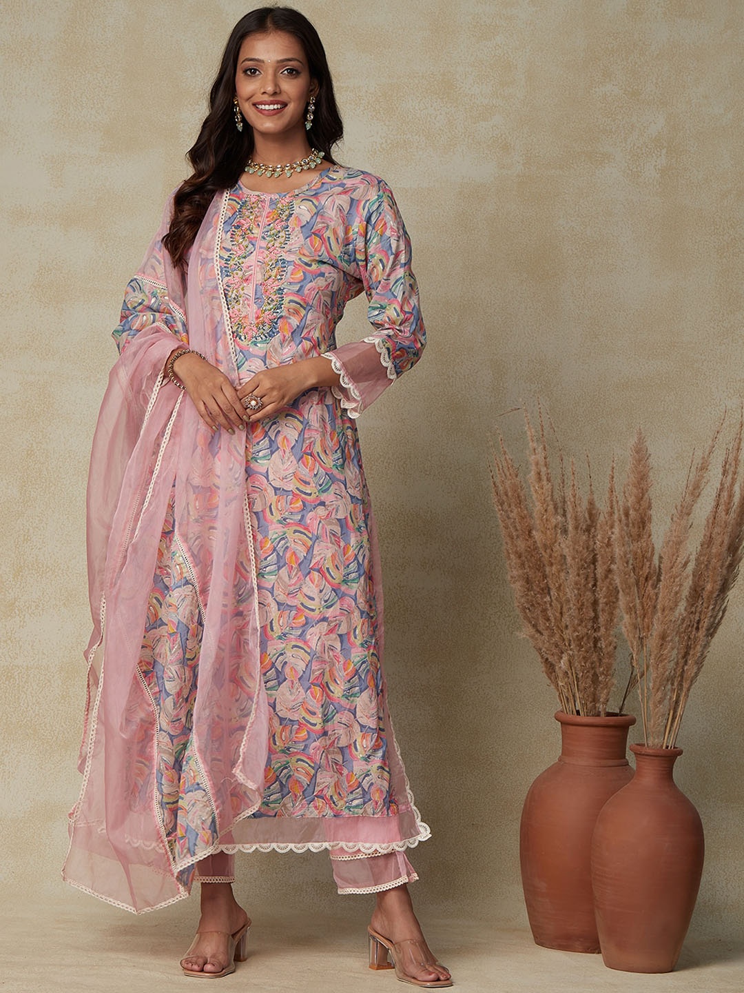 

FASHOR Pink Floral Printed Pure Cotton Kurta With Trousers & Dupatta