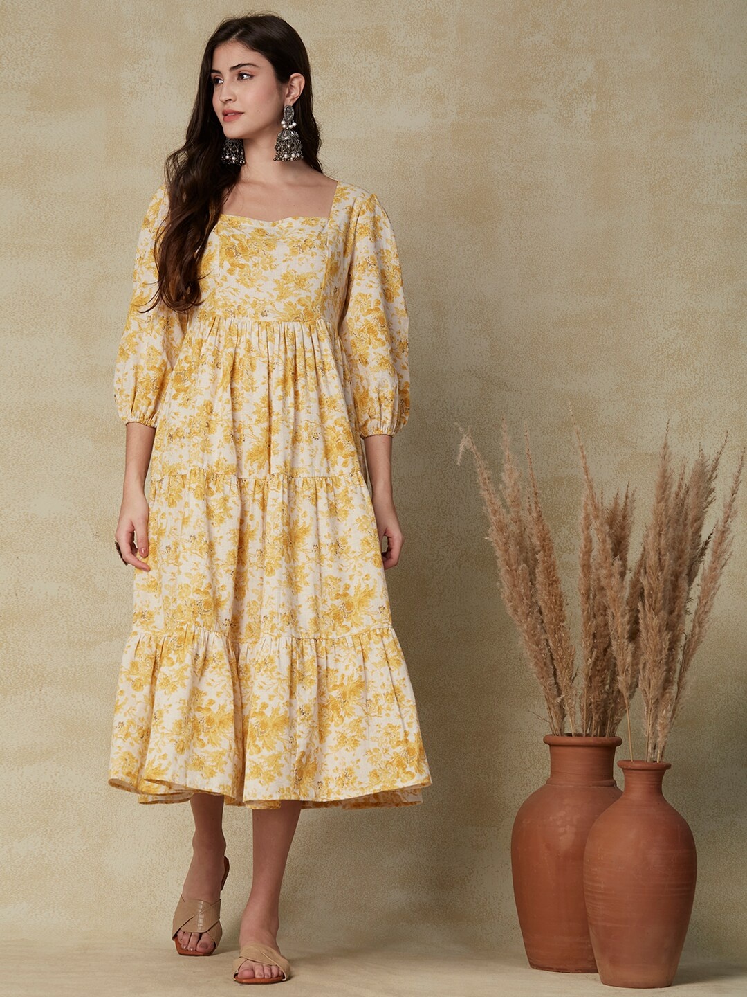 

FASHOR Yellow Floral Printed Puff Sleeves Tiered Gathered A-Line Midi Dress