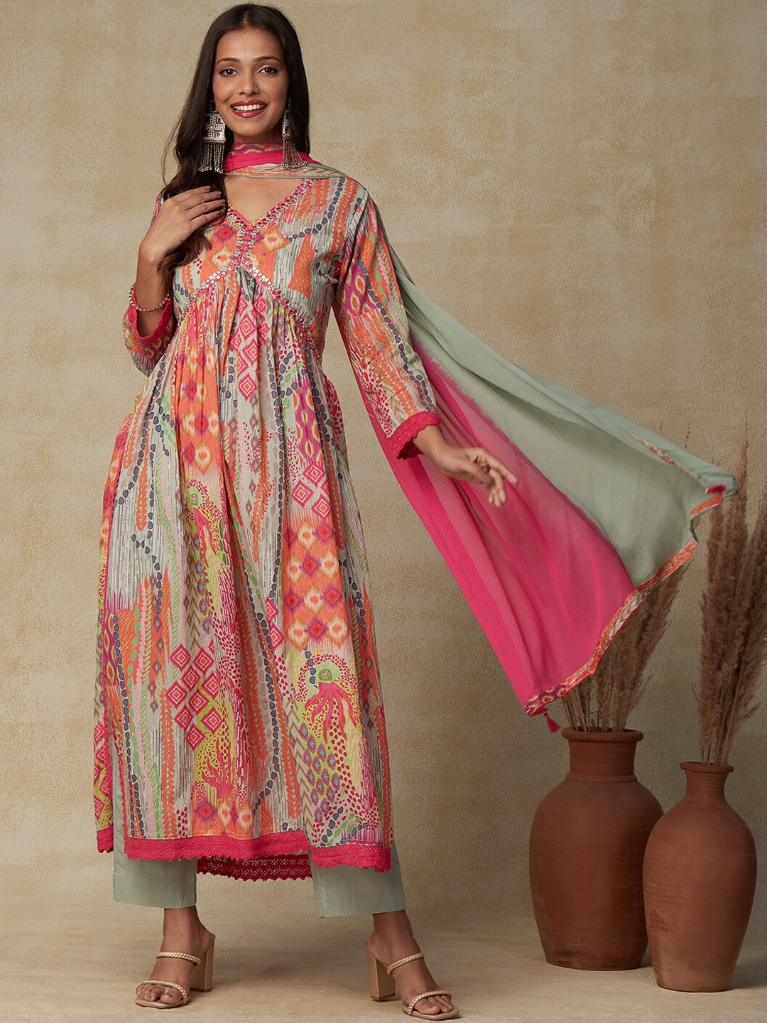 

FASHOR Green Geometric Printed Mirror Work Empire A-Line Kurta with Trousers & Dupatta