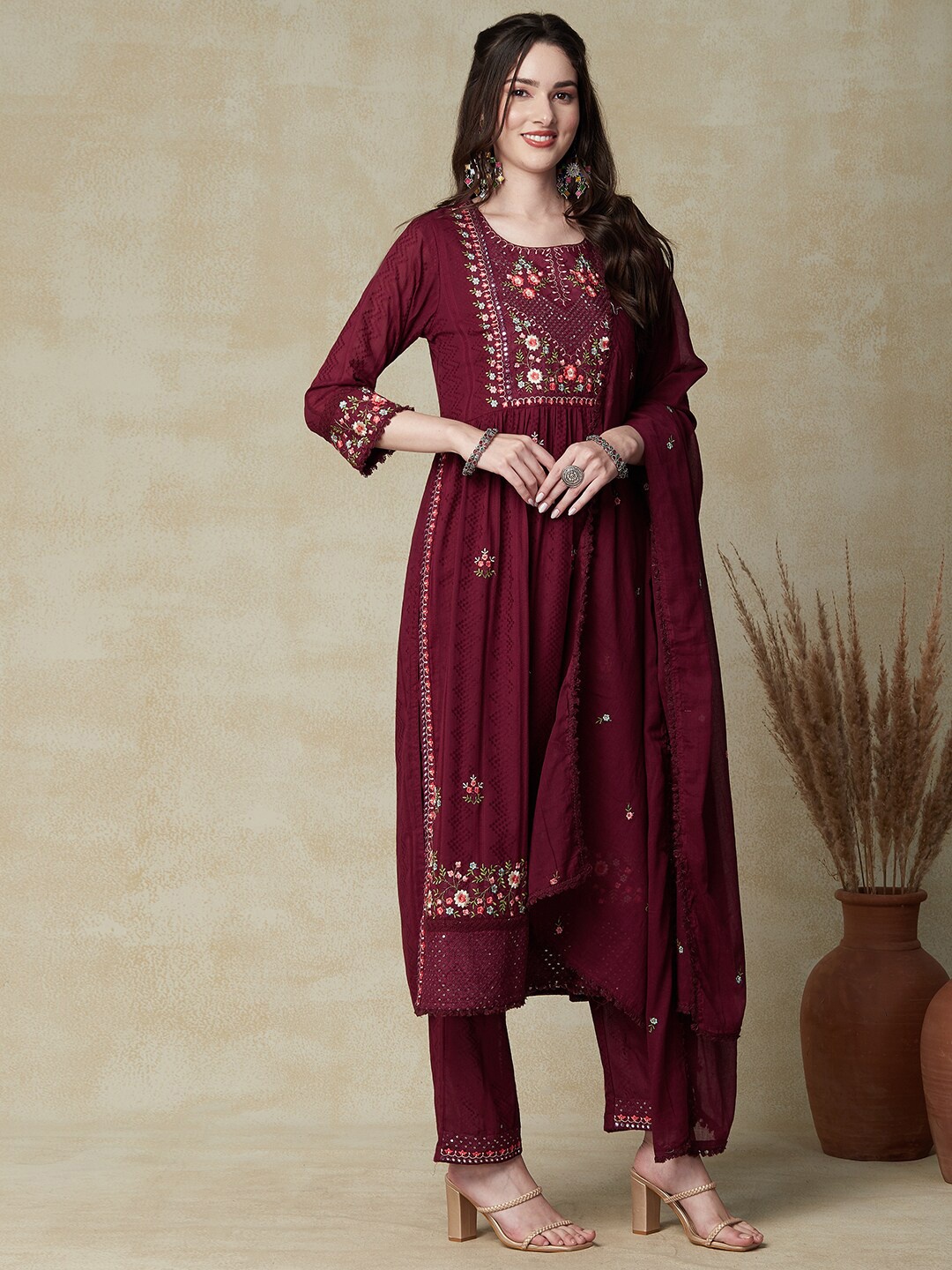 

FASHOR Maroon Floral Embroidered Pure Cotton Kurta With Trousers & Dupatta