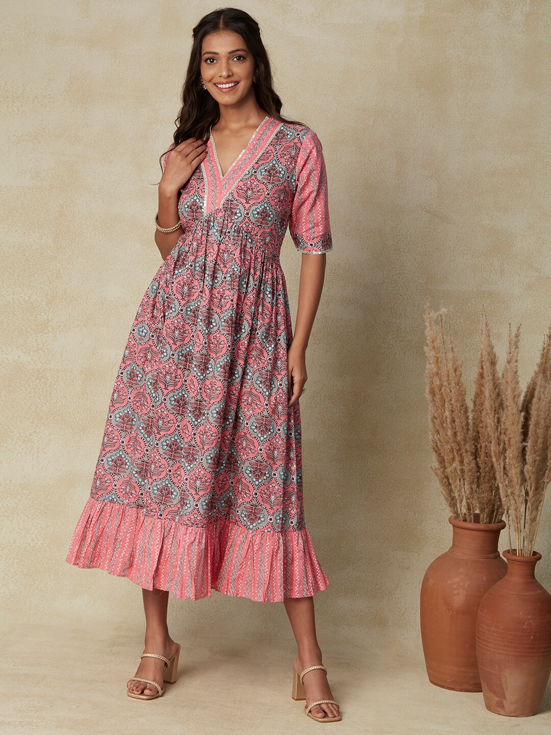 

FASHOR Pink Floral Printed Gathered Cotton A-Line Midi Dress