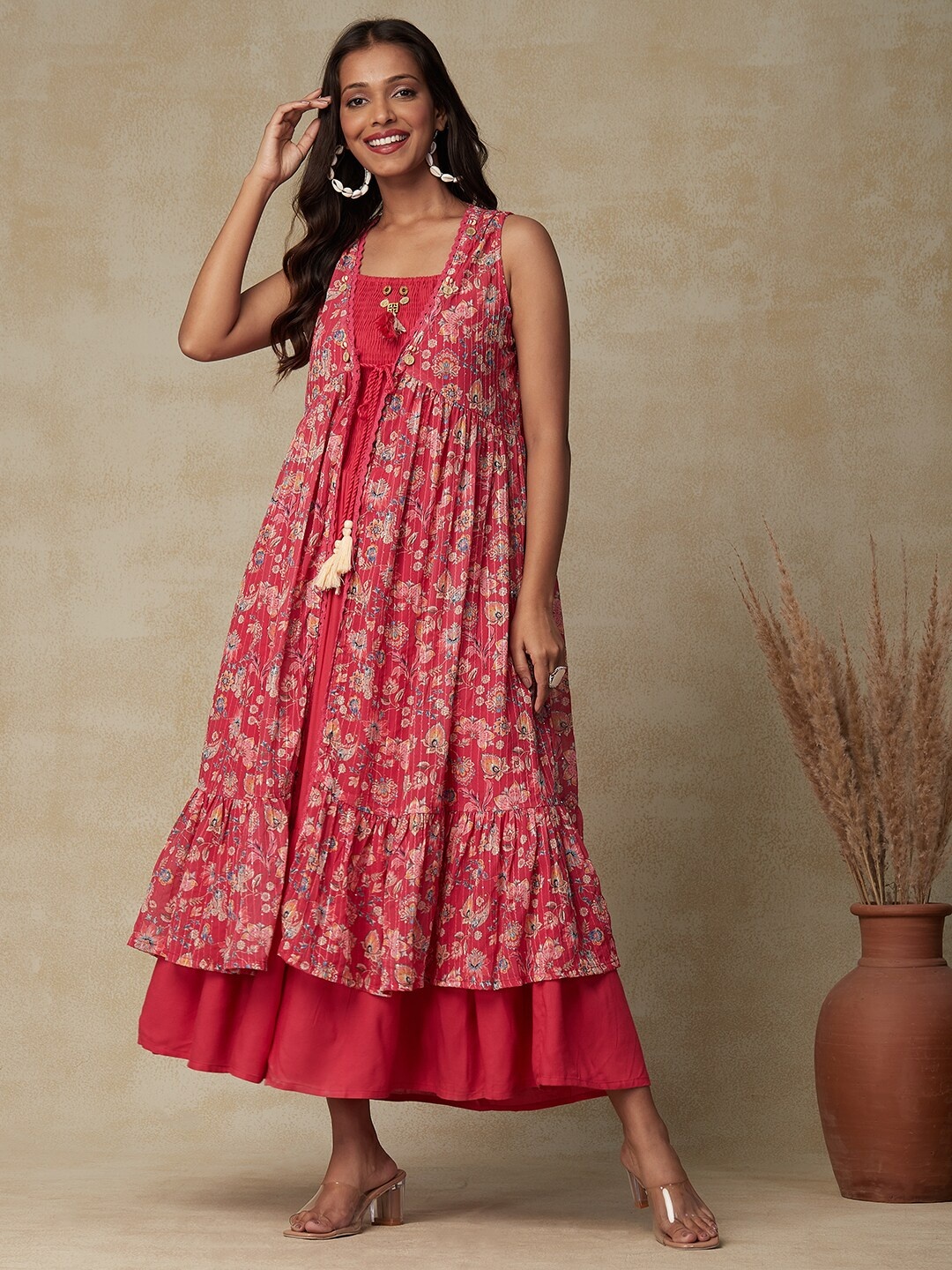 

FASHOR Red Smocked A-Line Midi Dress With Shrug