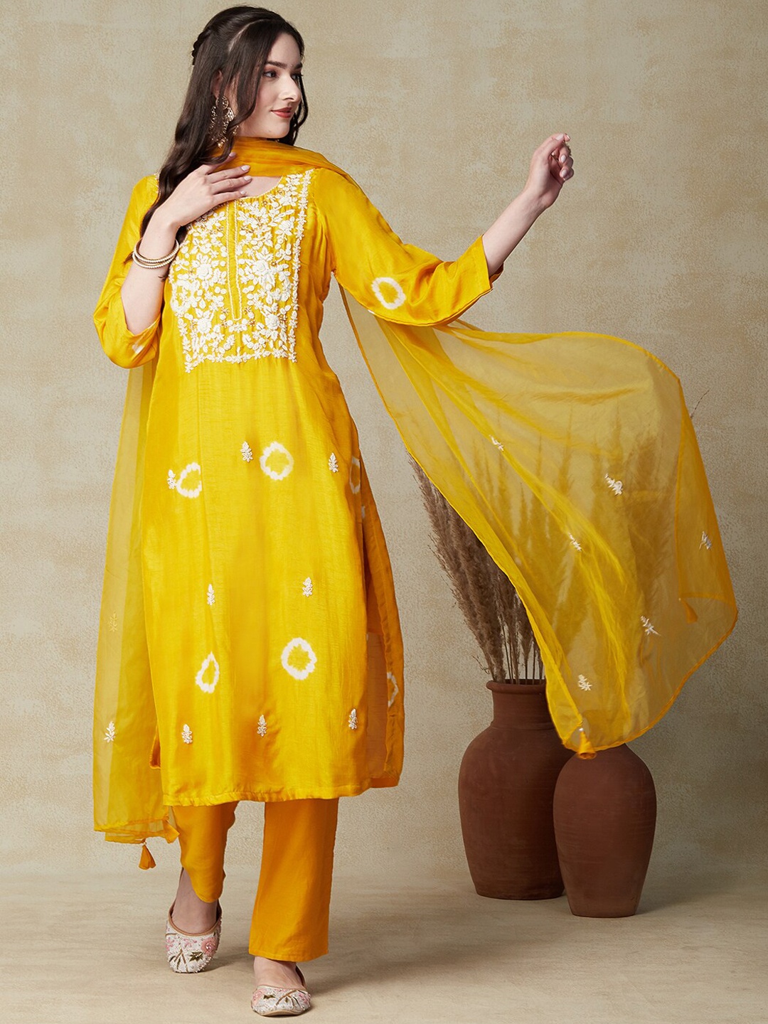 FASHOR Yellow Floral Embroidered Kurta With Trousers & Dupatta