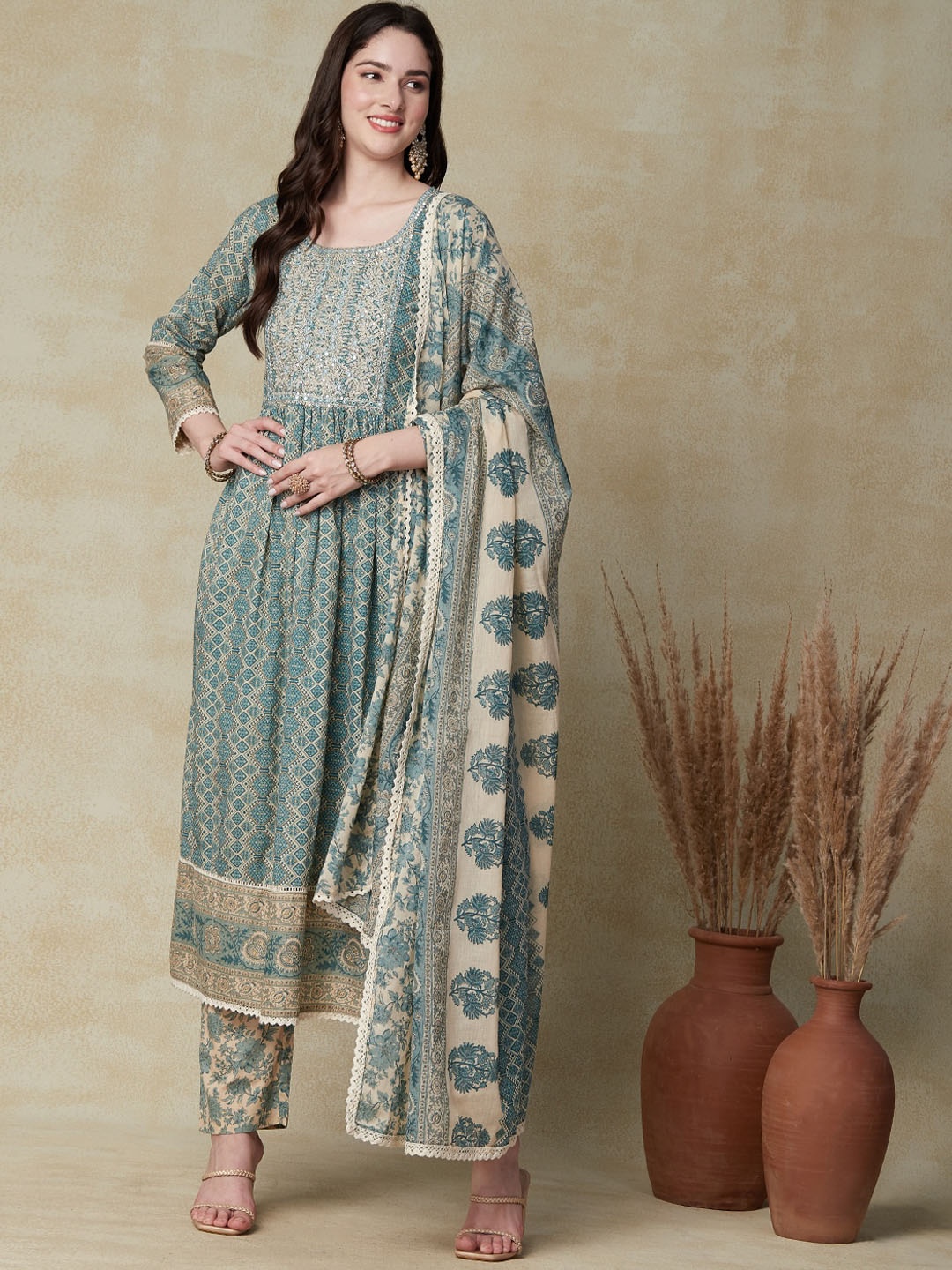 

FASHOR Blue Ethnic Motifs Printed Pure Cotton A-Line Kurta with Trousers & Dupatta
