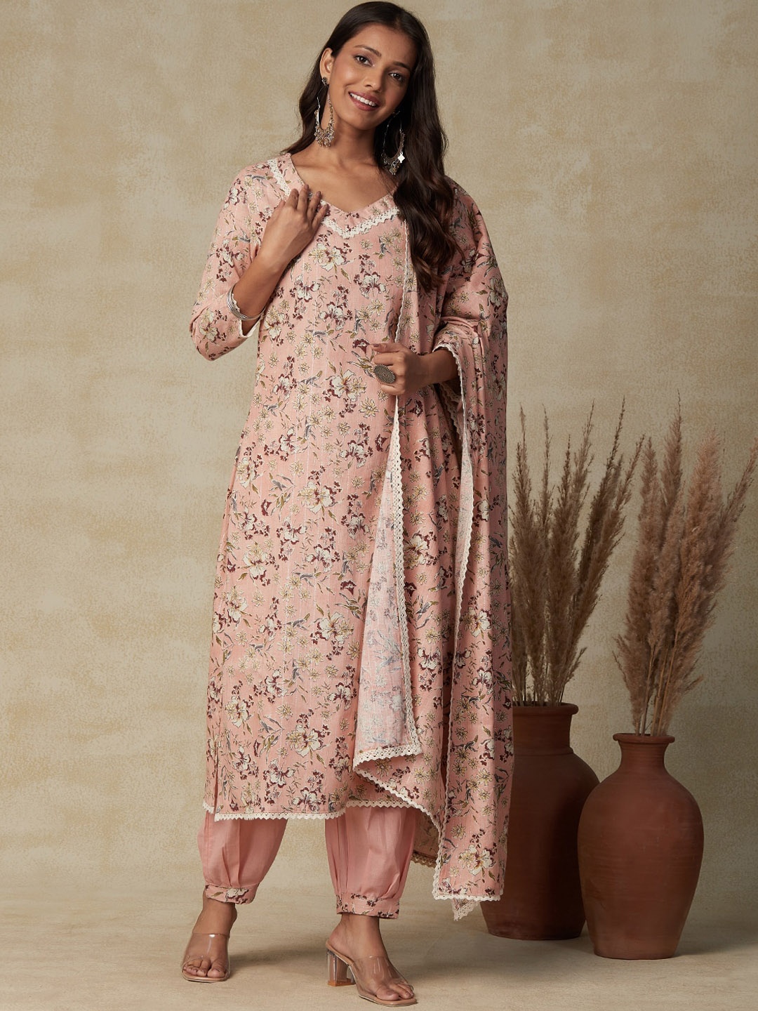 

FASHOR Peach-Coloured Floral Printed V-Neck Pure Cotton Kurta with Salwar & Dupatta