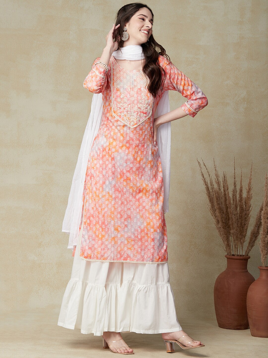 

FASHOR Peach-Coloured Paisley Foil Printed Pure Cotton Kurta with Sharara & Dupatta