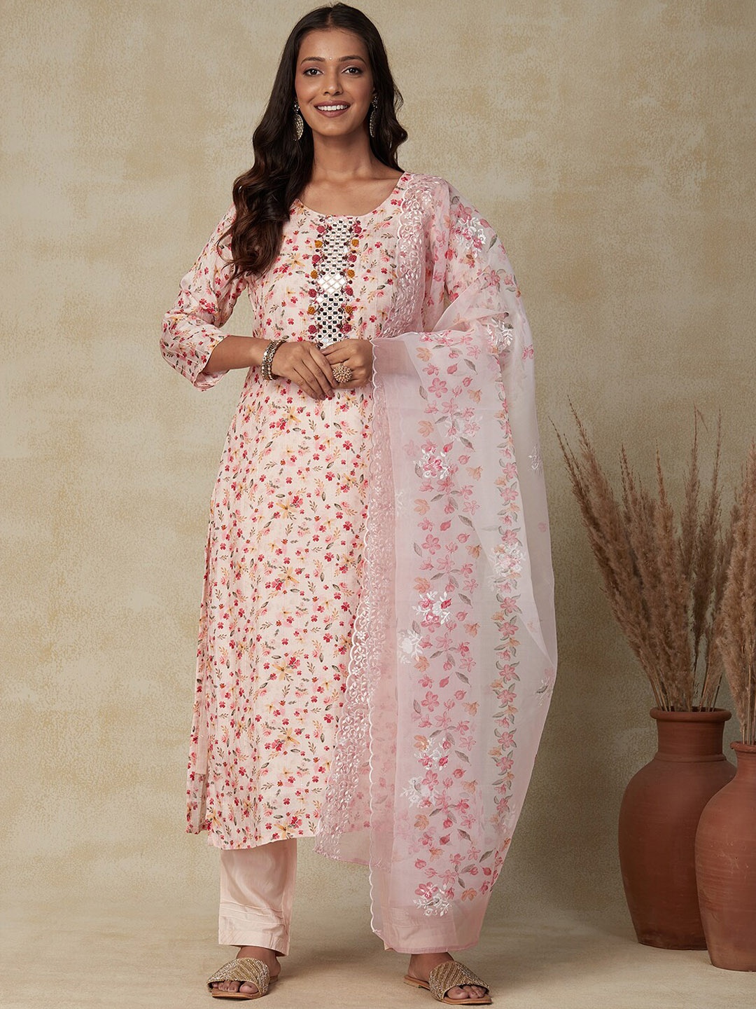 

FASHOR Peach-Coloured Floral Screen Printed Mirror Work Kurta with Trousers & Dupatta