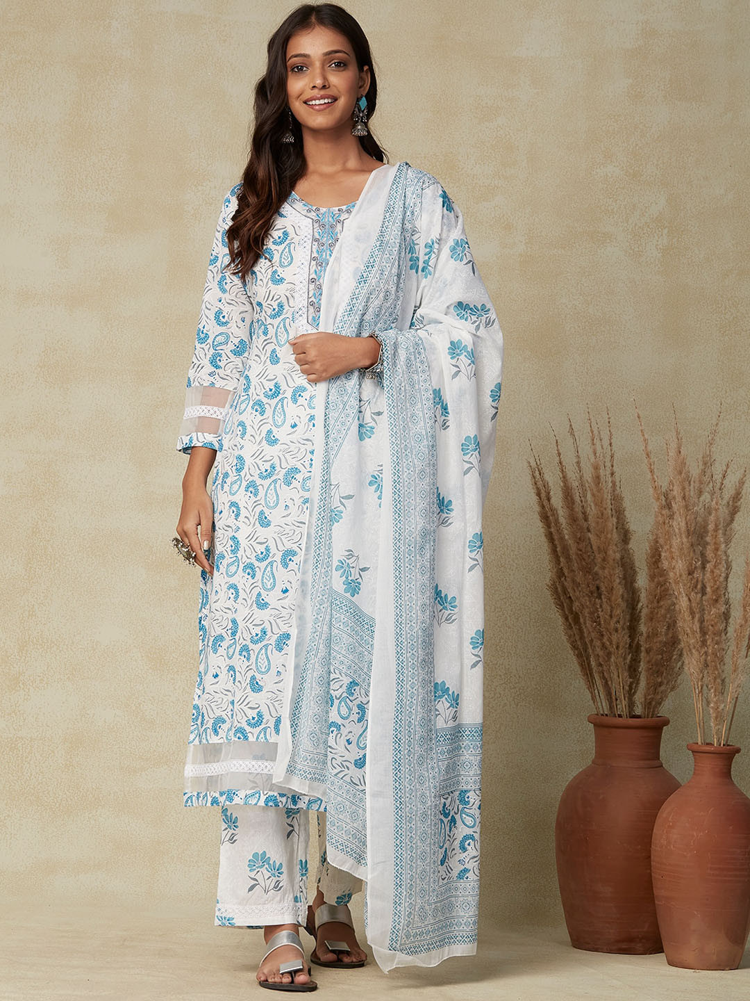 

FASHOR White Paisley Printed Pure Cotton Kurta With Trousers & Dupatta