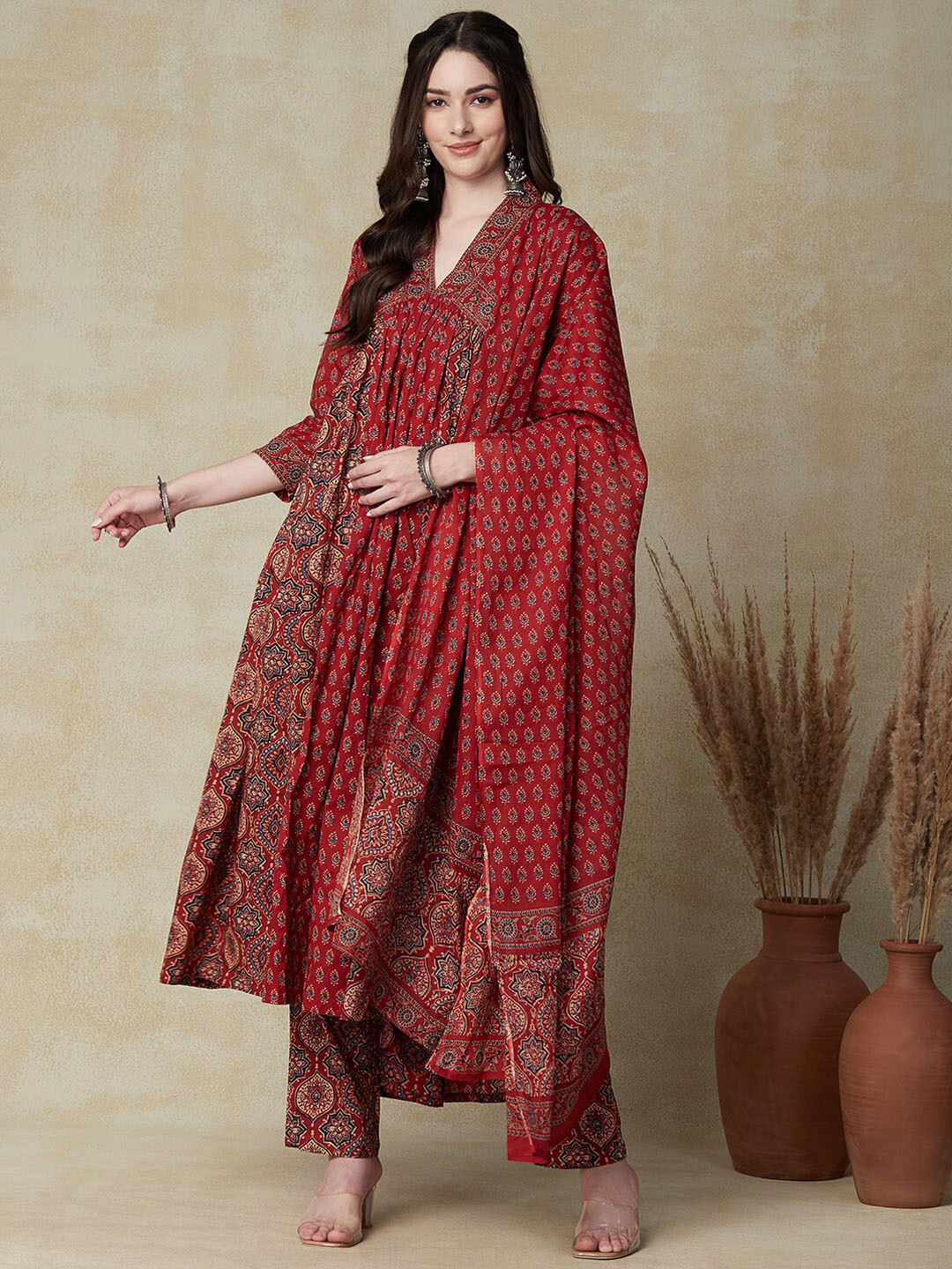 

FASHOR Brown Ethnic Motifs Printed Empire Pure Cotton Kurta With Trousers & Dupatta