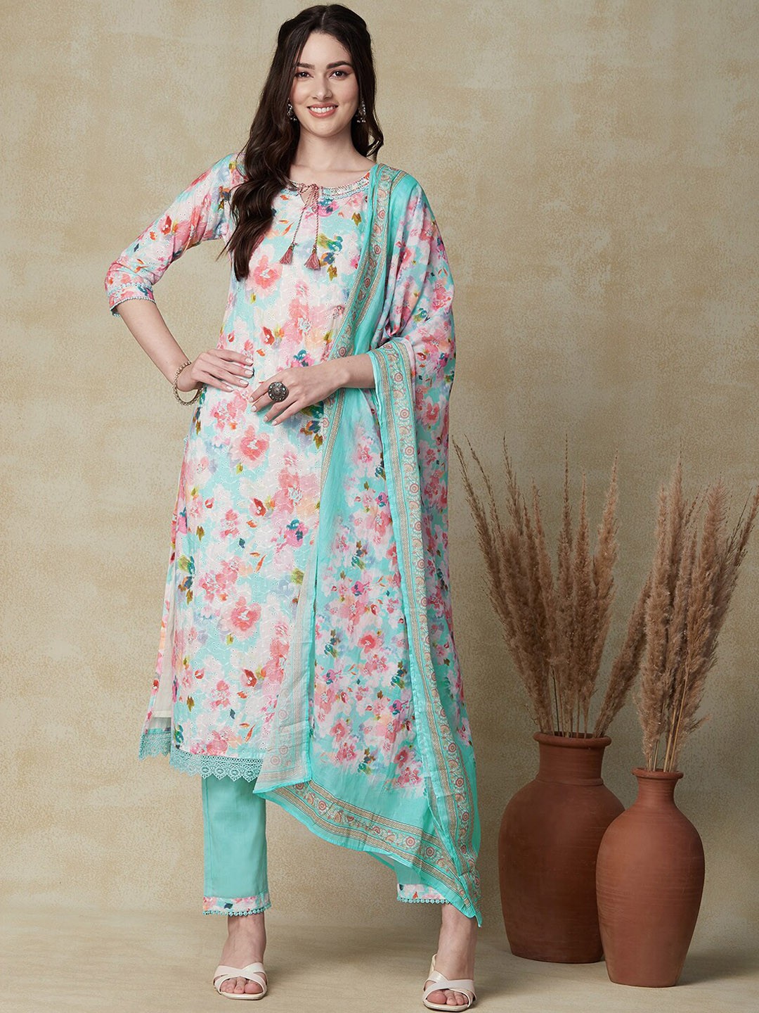 

FASHOR Green Floral Screen Printed Thread Work Pure Cotton Kurta with Trousers & Dupatta