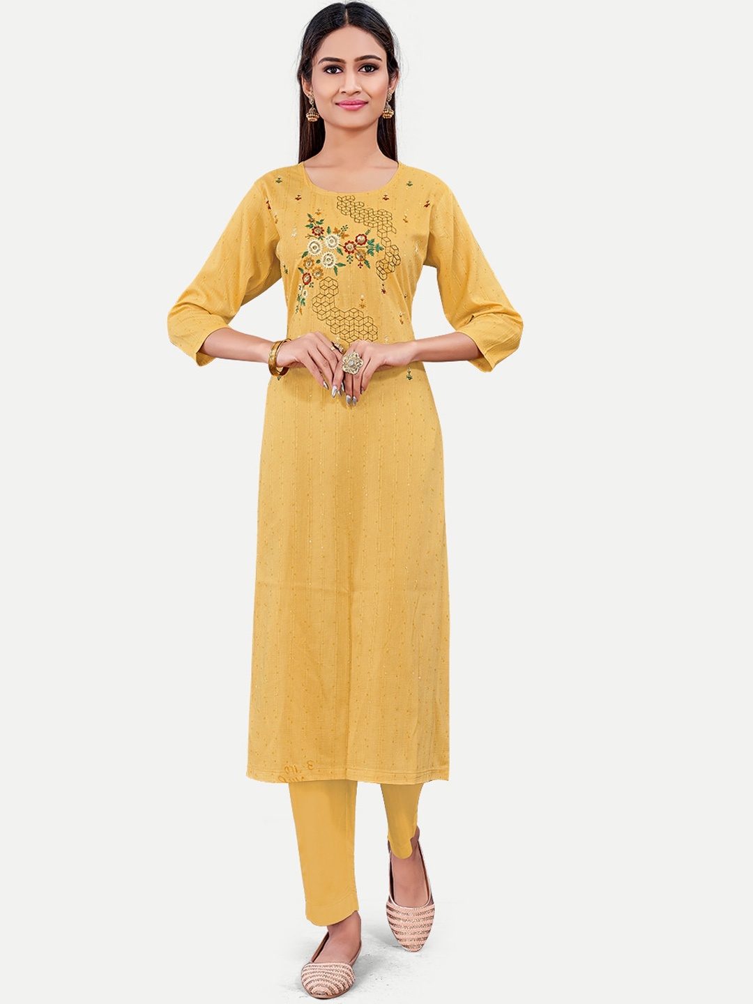 Riti Floral Embroidered Straight Pure Cotton Kurta, Yellow