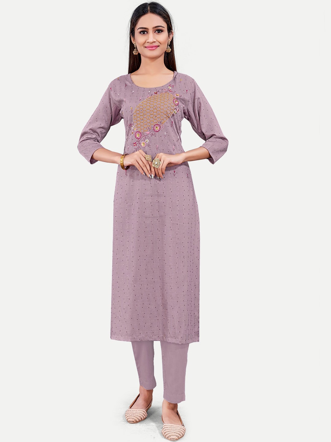 

Riti Round Neck Striped Embroidered Thread Work Cotton Kurta, Lavender