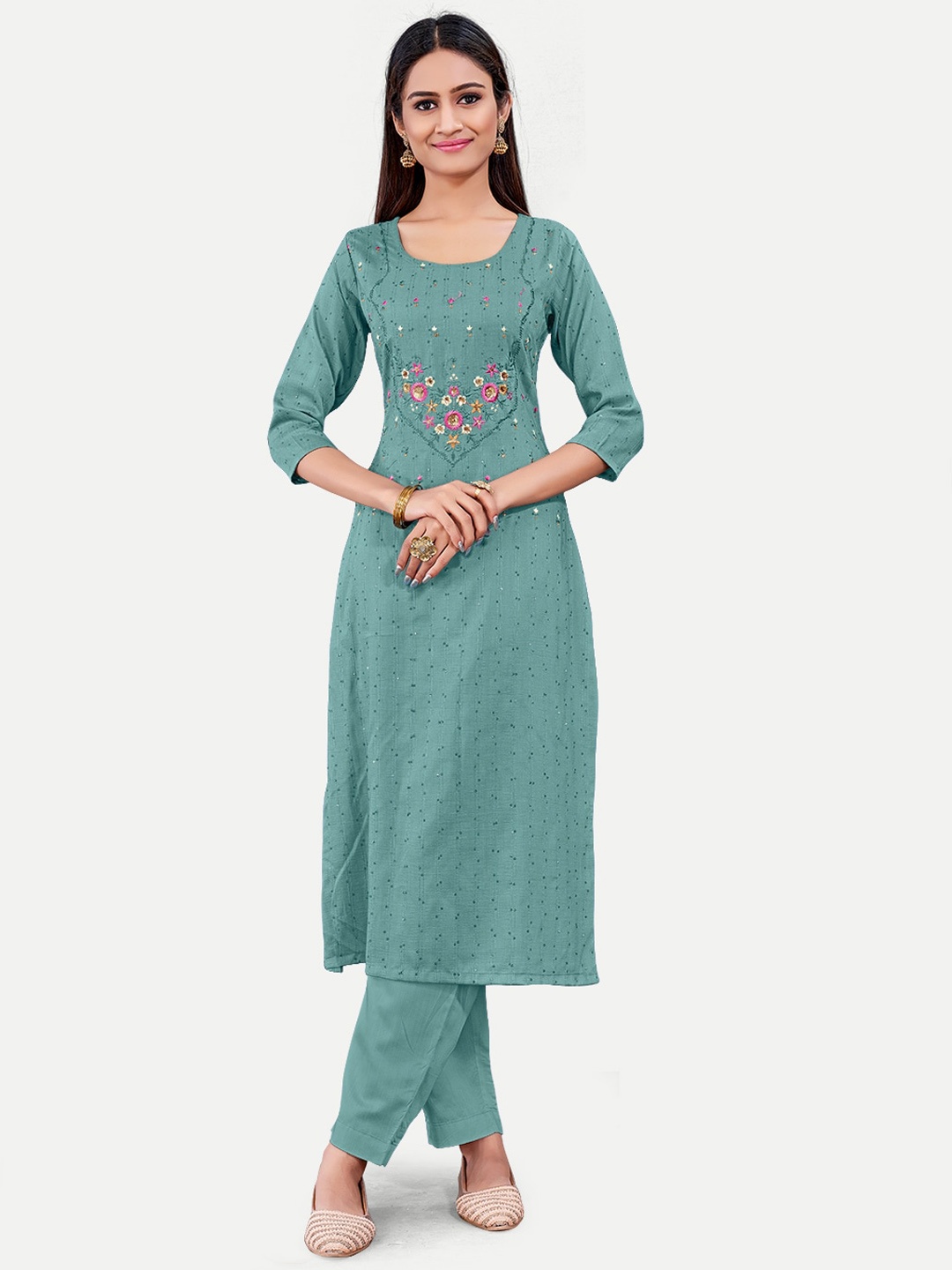 

Riti Round Neck Striped Embroidered Thread Work Cotton Kurta, Sea green