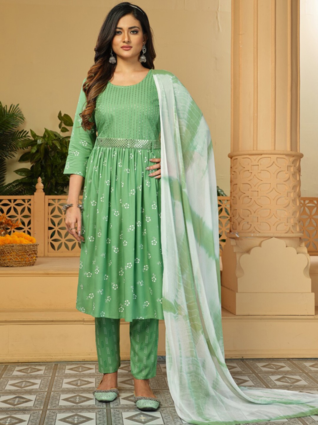 

KALINI Geometric Printed Sequinned Waist Belted A-Line Kurta & Trousers With Dupatta, Green
