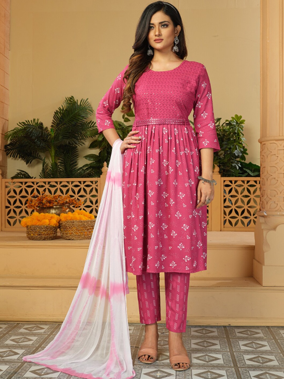 

KALINI Floral Printed Empire Sequinned Kurta With Trousers & Dupatta, Pink