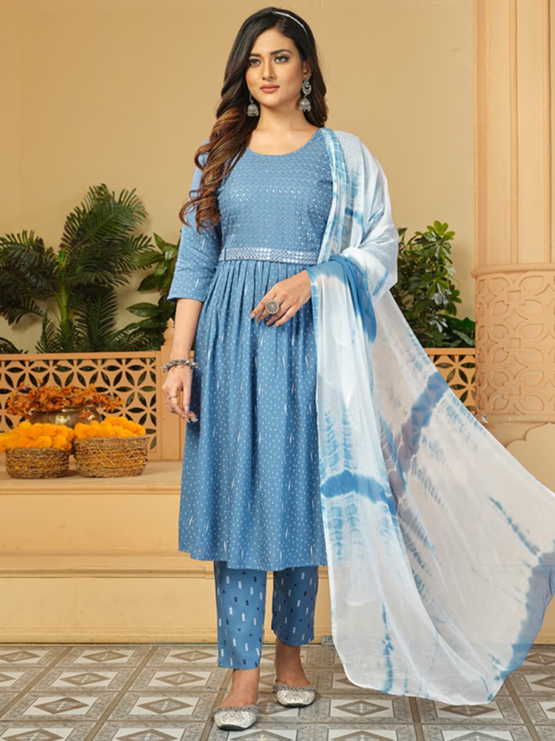 

KALINI Geometric Printed Sequinned Waist Belted A-Line Kurta & Trousers With Dupatta, Blue