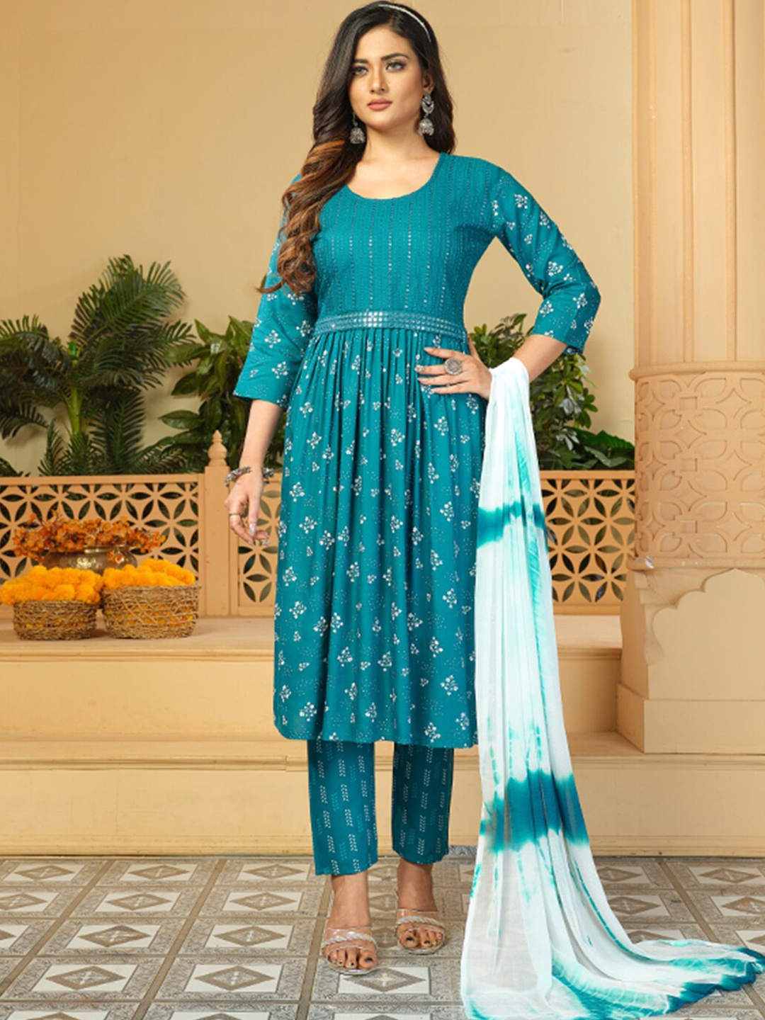 

KALINI Floral Printed Sequinned Pleated Mirror Work A-Line Kurta With Trousers & Dupatta, Green