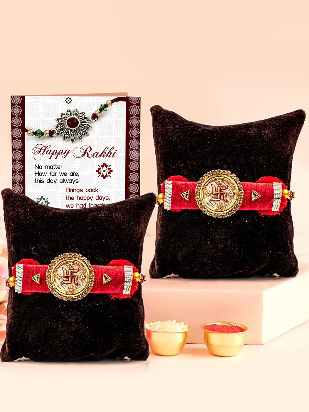 

TIED RIBBONS Set Of 2 Rakhi with Card & Roli Chawal, Gold