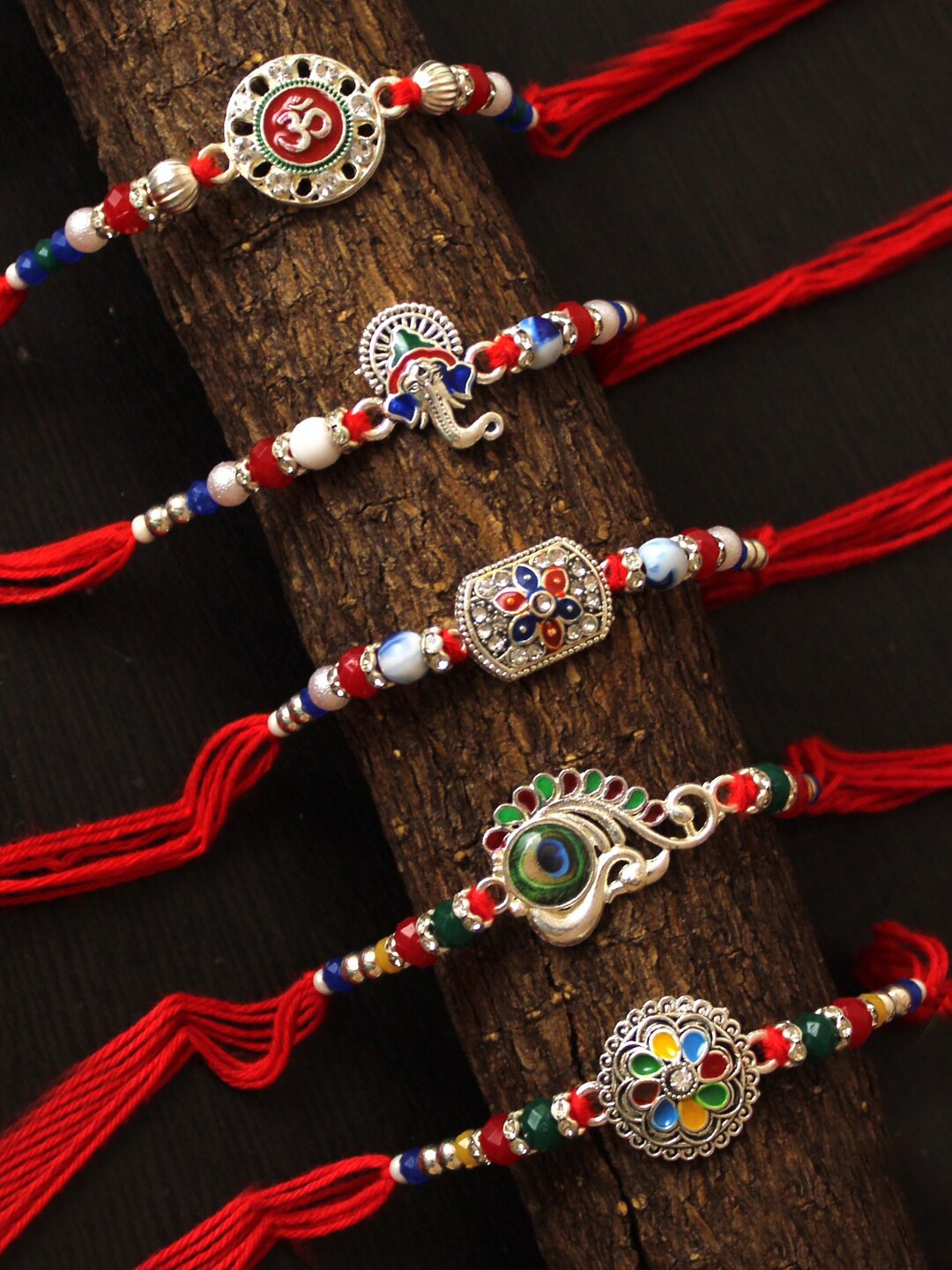 

TIED RIBBONS Set of 5 Silver Bracelet Rakhi with Greeting Card and Roli Chawal, Gold