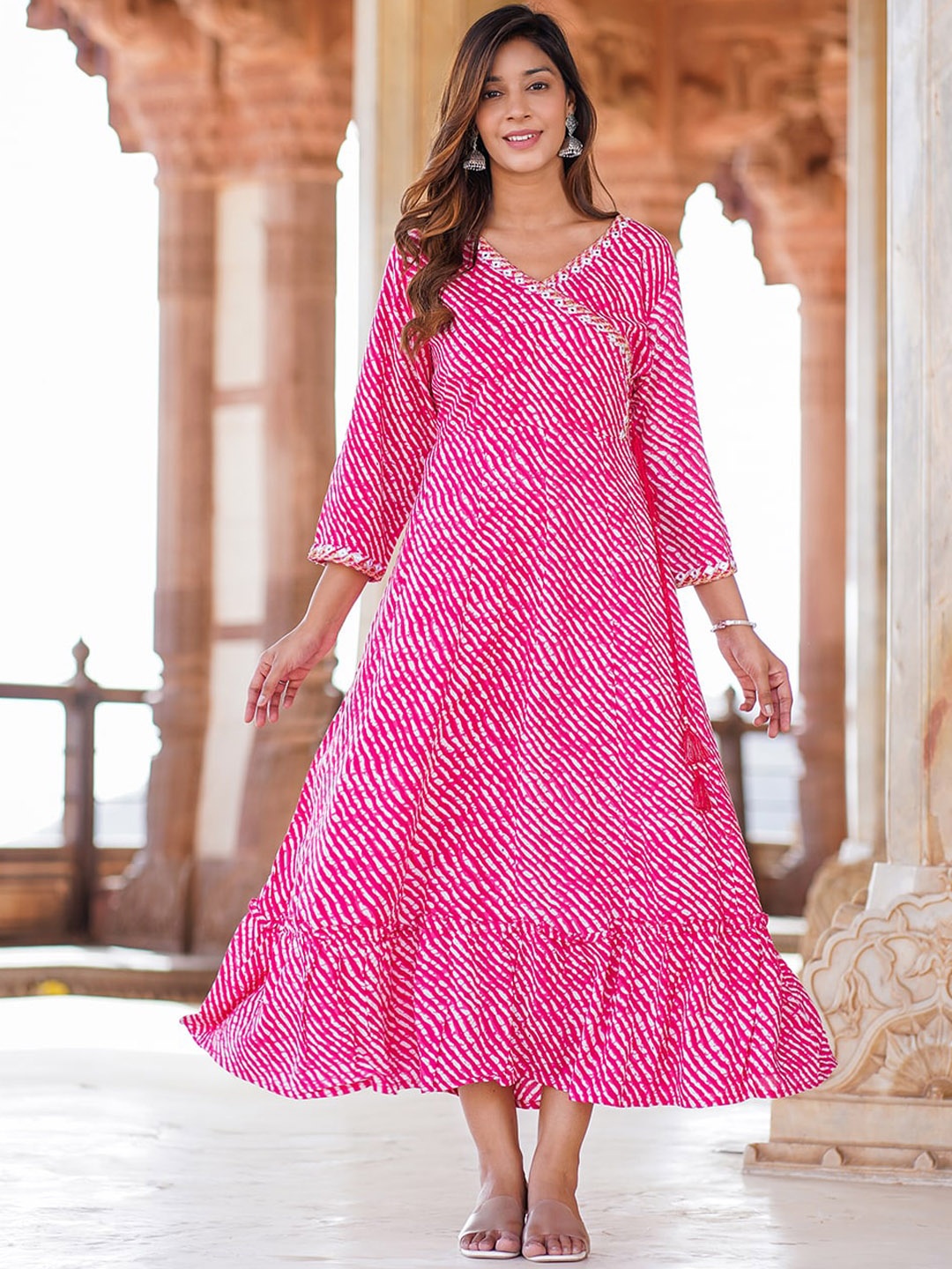 

KALINI Striped V-Neck Mirror Work Midi Ethnic Dress, Pink