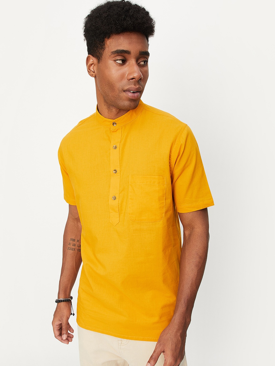 

max Mandarin Collar Pure Cotton Kurta, Yellow