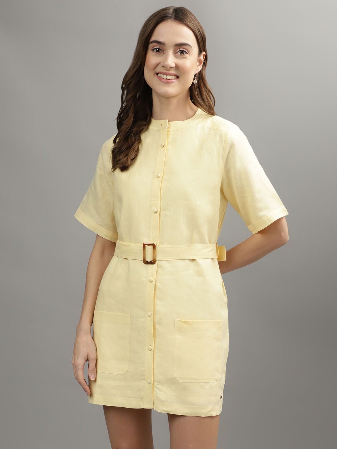 

Iconic Band Collar Linen Belted A-Line Dress, Yellow