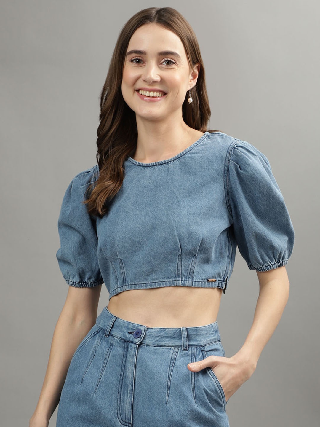 

Iconic Puffed Sleeves Crop Top, Blue