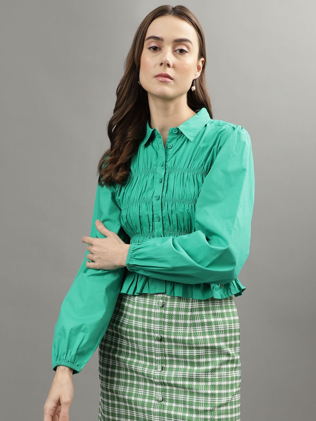 

Iconic Self Design Puffed Sleeves Pure Cotton Shirt Style Top, Green