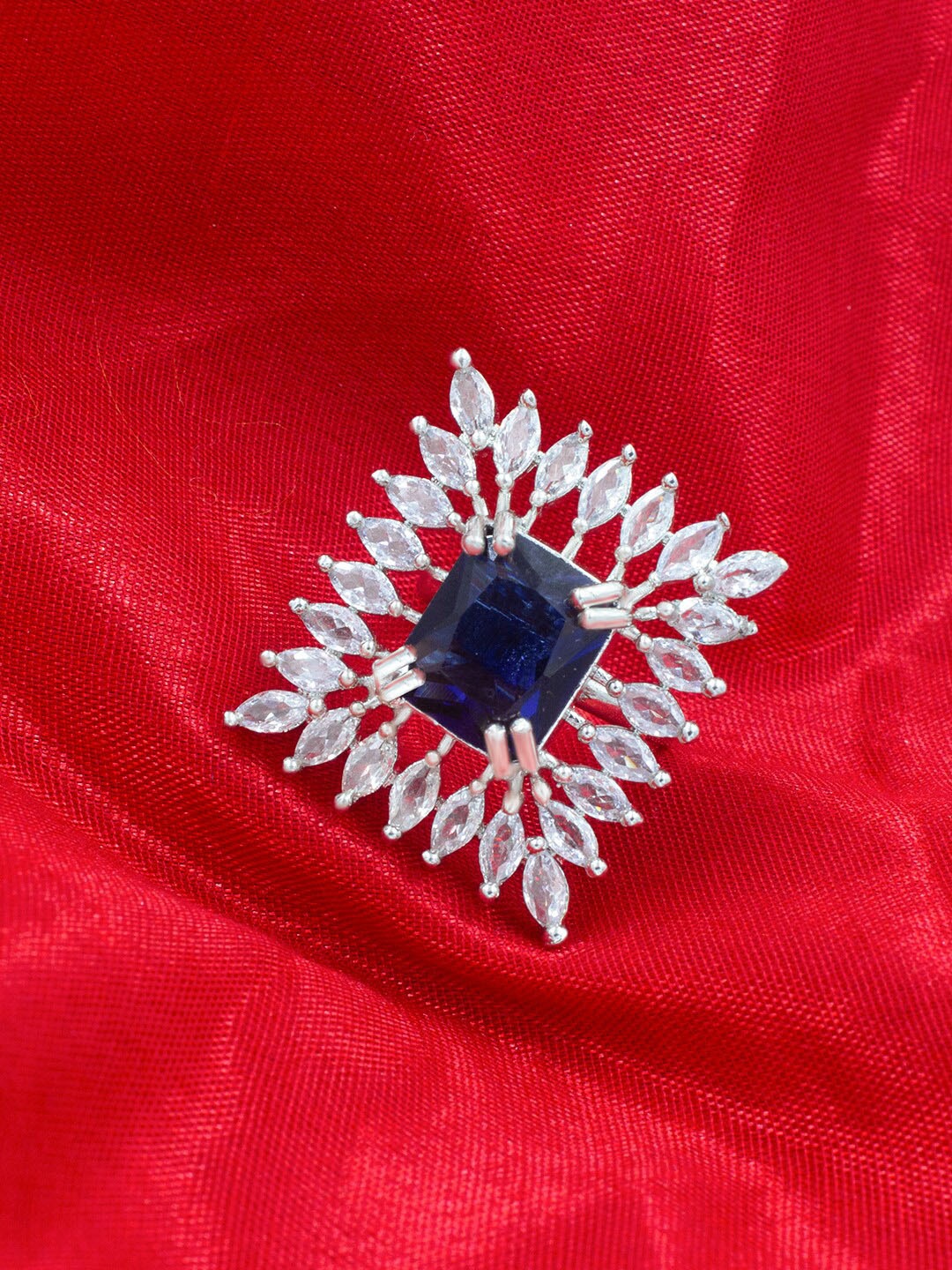

PRIVIU Silver Rhodium Plated AD Studded Adjustable Finger Ring
