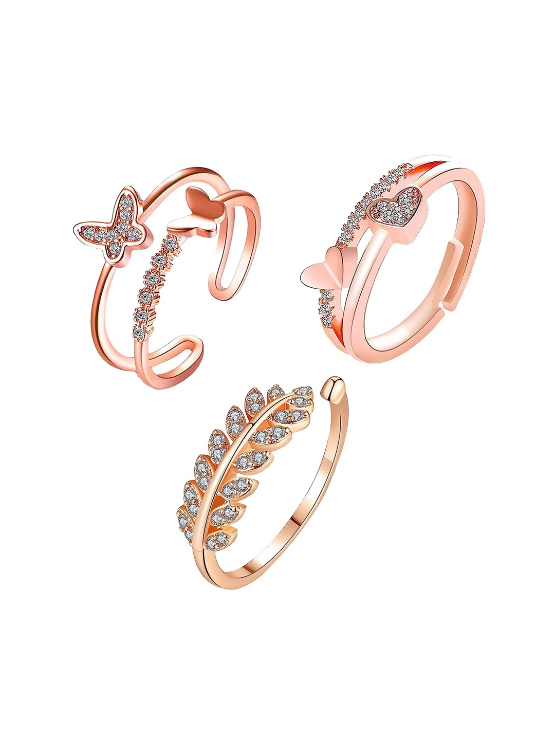 

MEENAZ Set Of 3 Rose-Gold Plated AD-CZ-Studded Adjustable Ring