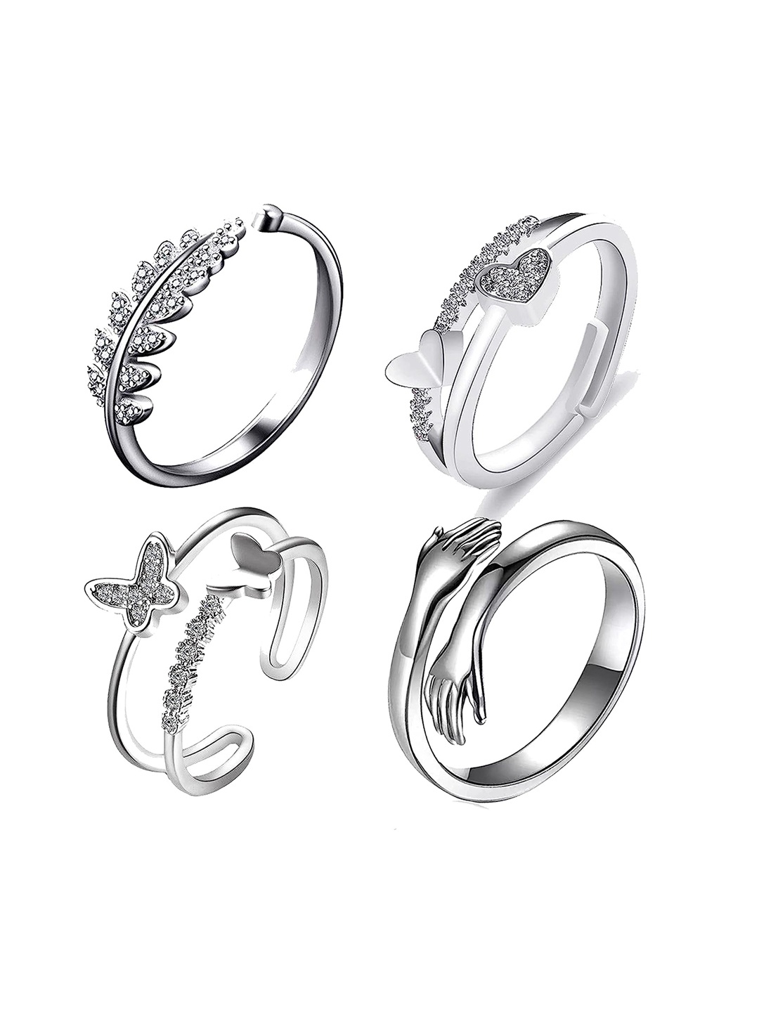 

MEENAZ Set Of 4 Silver-Plated AD-CZ-Studded Adjustable Ring