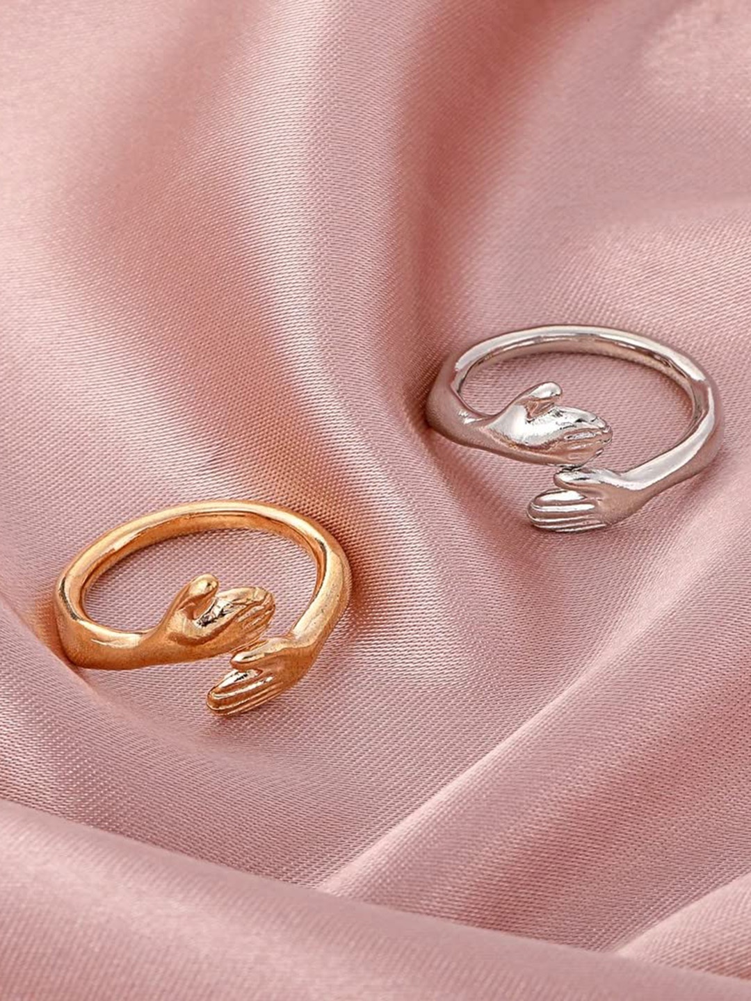 

MEENAZ Set Of 2 Gold & Silver-Plated Hug Adjustable Couple Rings