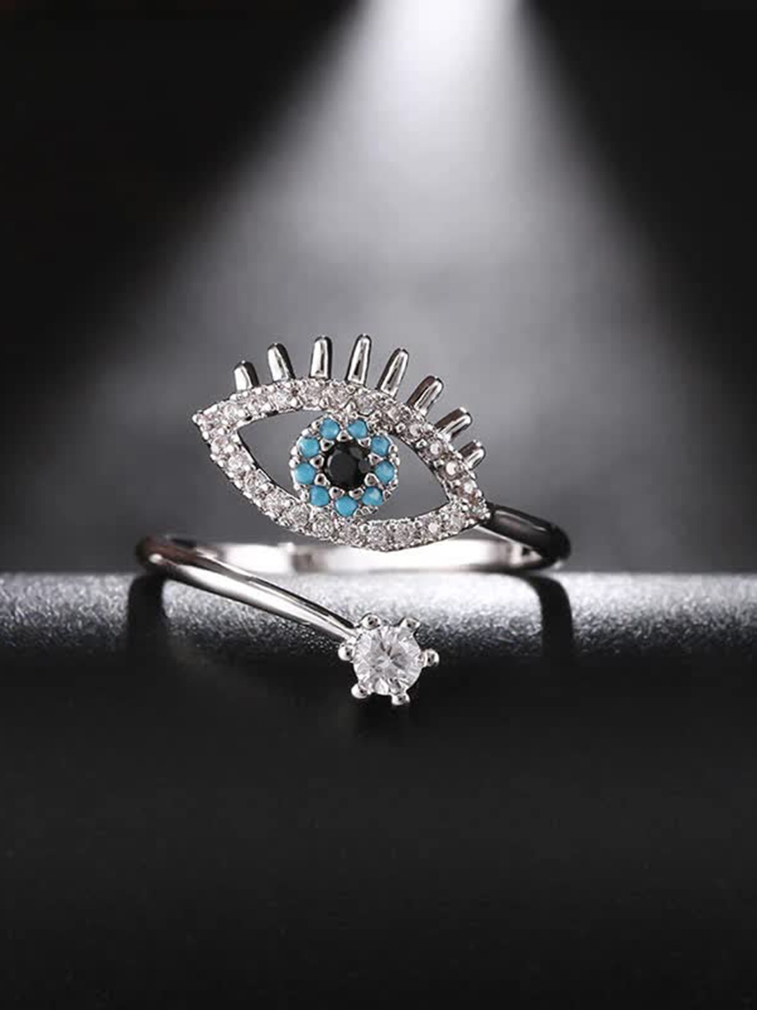 

MEENAZ Silver-Plated AD-Studded Adjustable Evil-Eye Charm Ring