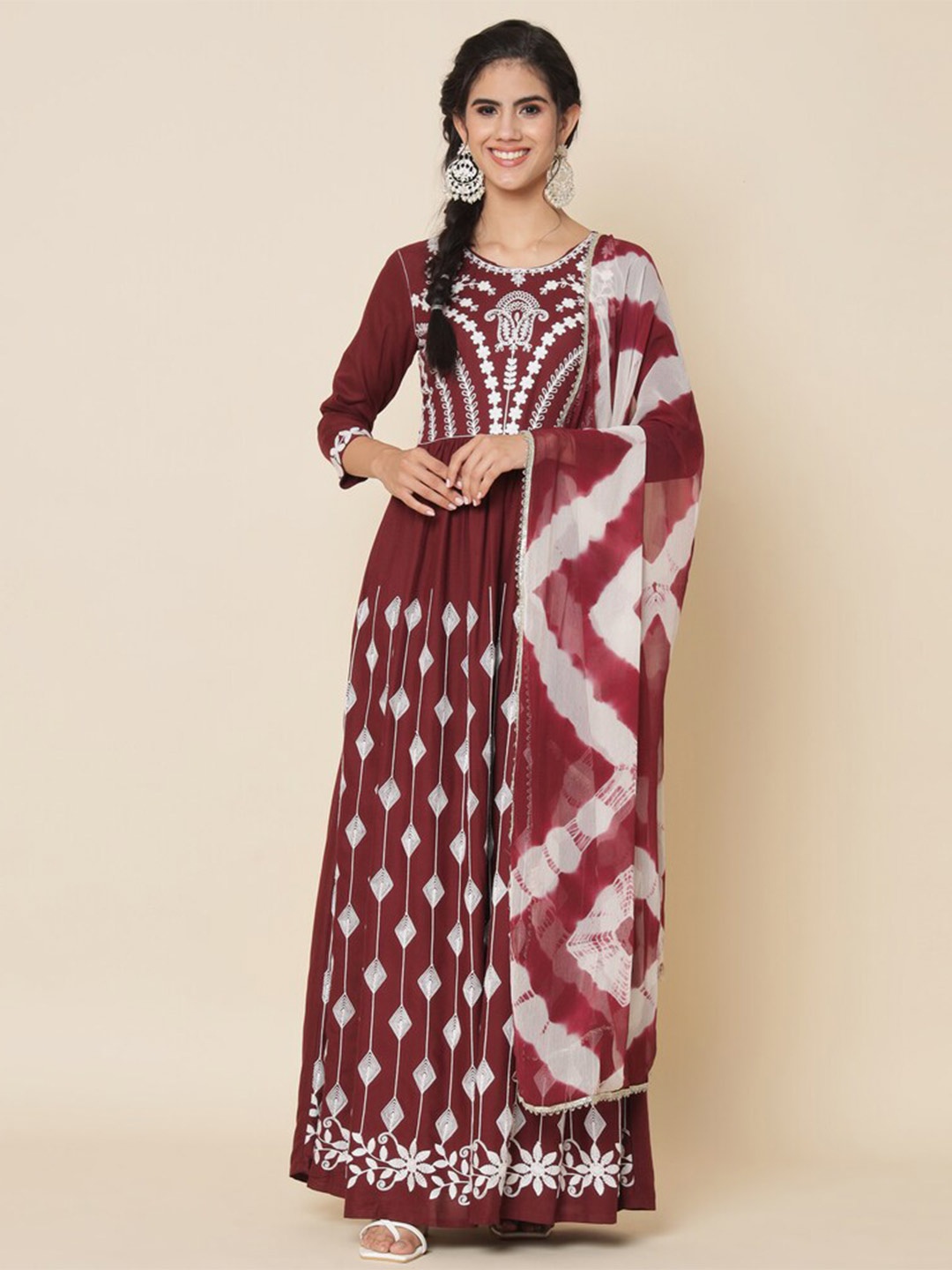 

Meeranshi Floral Embroidered Gathered Fit & Flare Maxi Ethnic Dress With Dupatta, Maroon