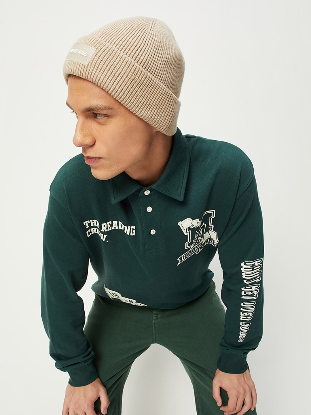 max Typography Printed Shirt Collar Pure Cotton Pullover Sweatshirt, Green