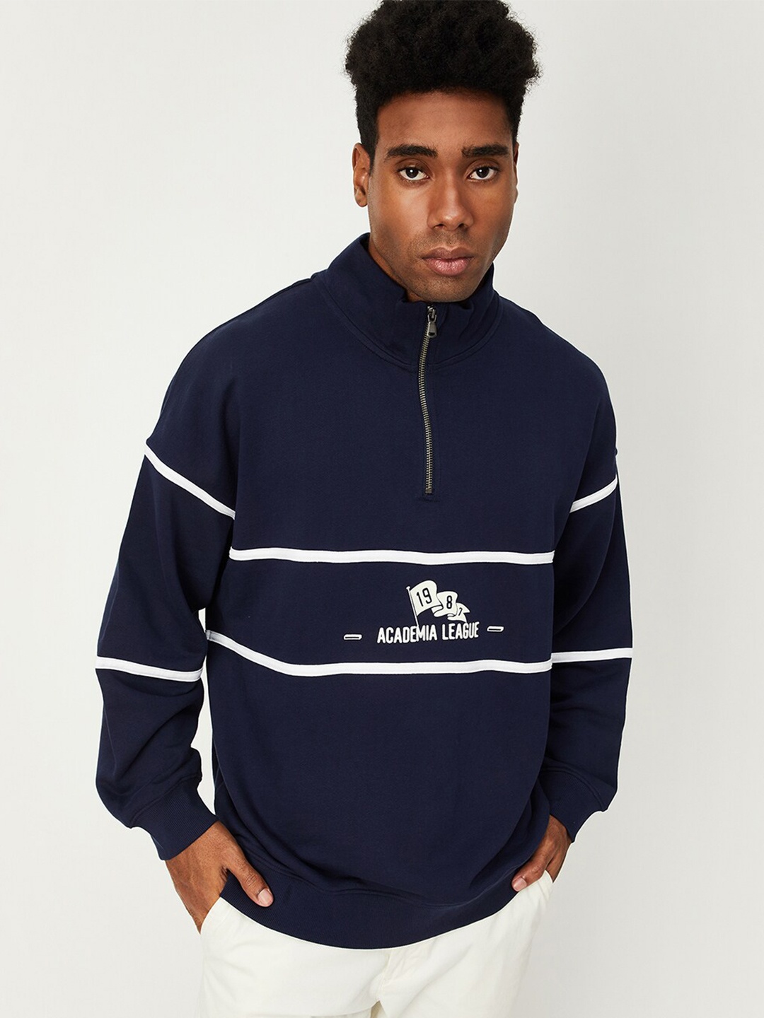 

max Striped Mock Collar Pure Cotton Pullover Sweatshirt, Navy blue