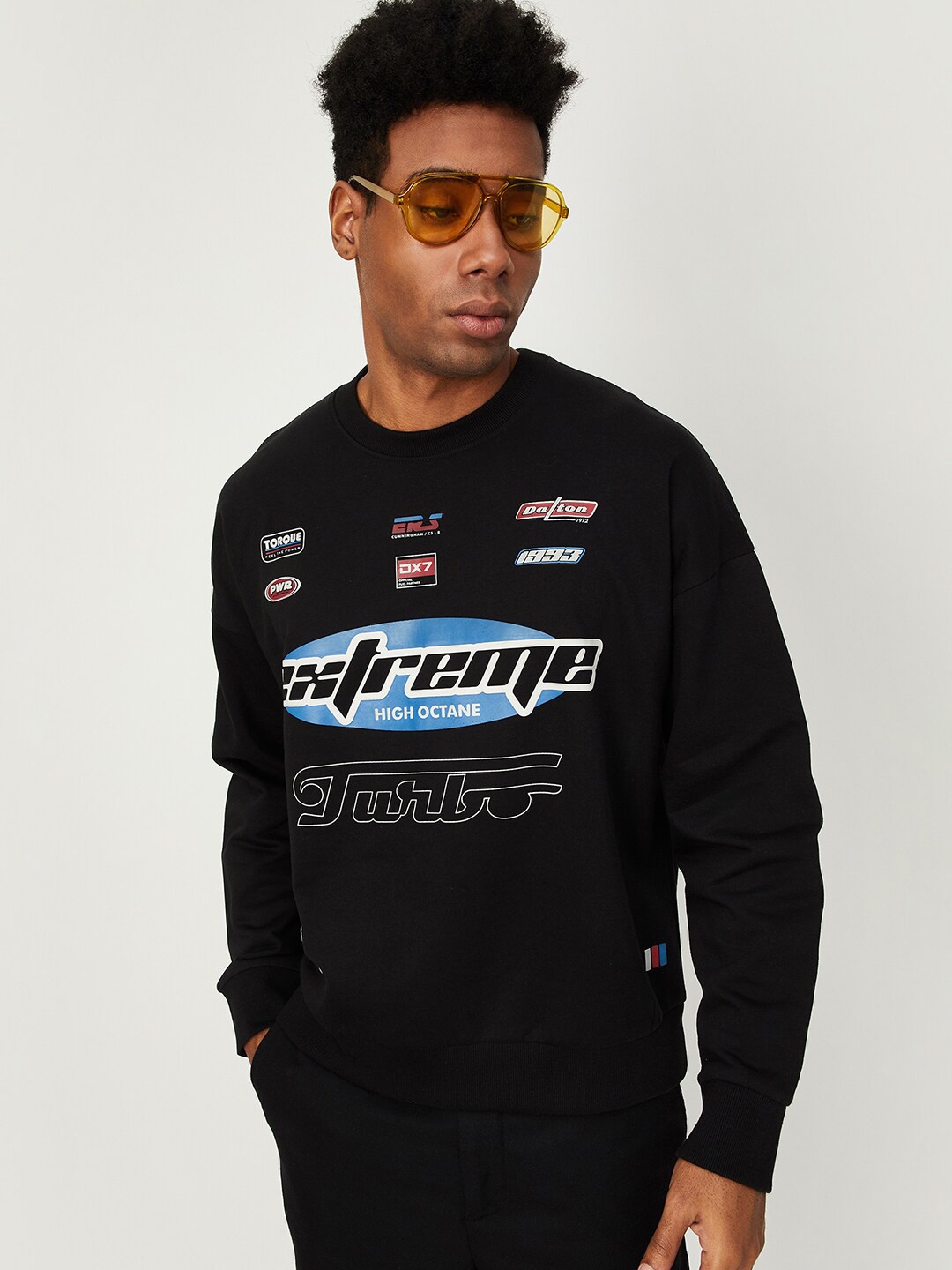 

max Typography Printed Pure Cotton Pullover, Black
