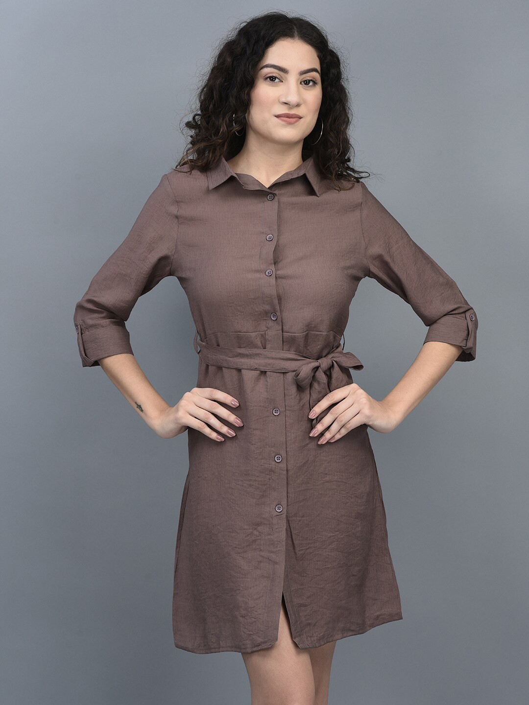 

CANOE Shirt Collar Button-Down Tie-Up Shirt Dress, Brown