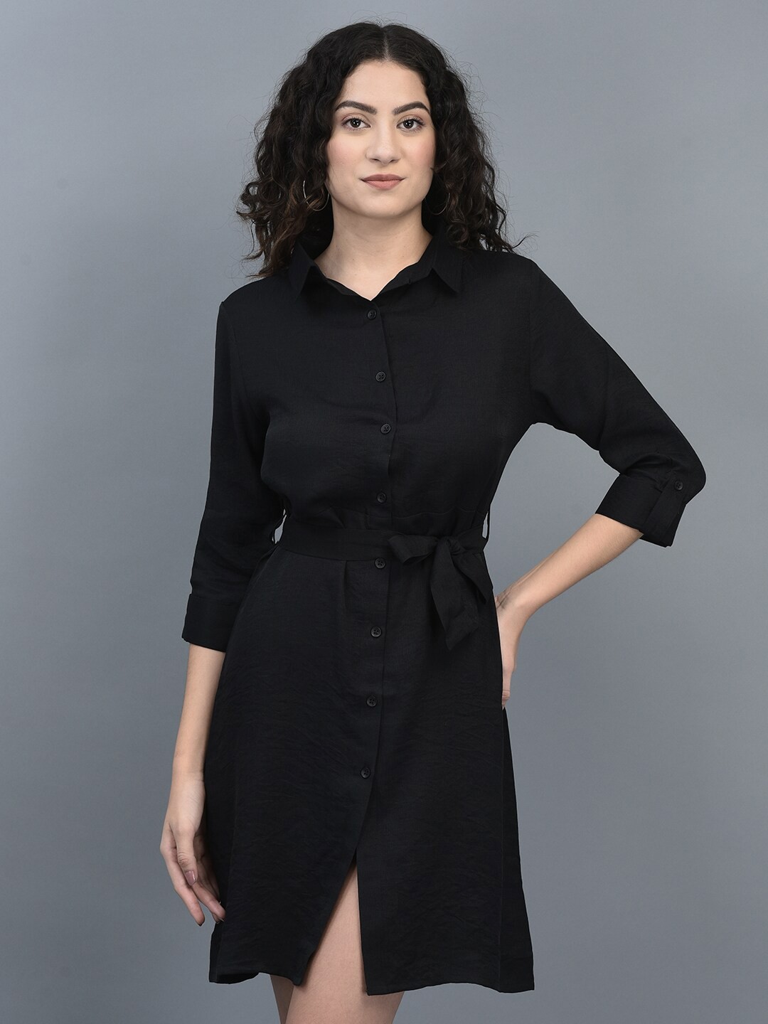

CANOE Shirt Collar Button-Down Tie-Up Shirt Dress, Black