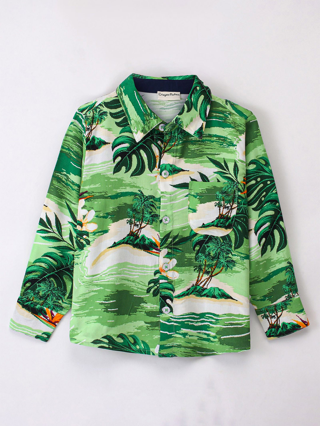 

CrayonFlakes Boys Tropical Printed Casual Shirt, Green