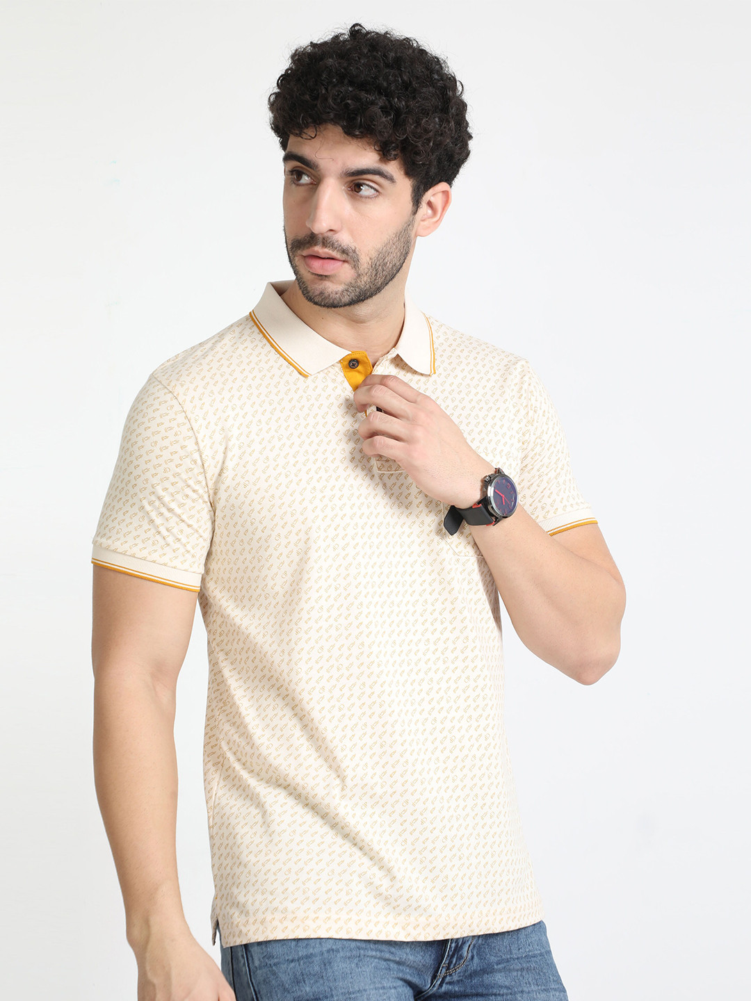 

Classic Polo Micro Ditsy Printed V-Neck Slim Fit Cotton T-shirt, Beige